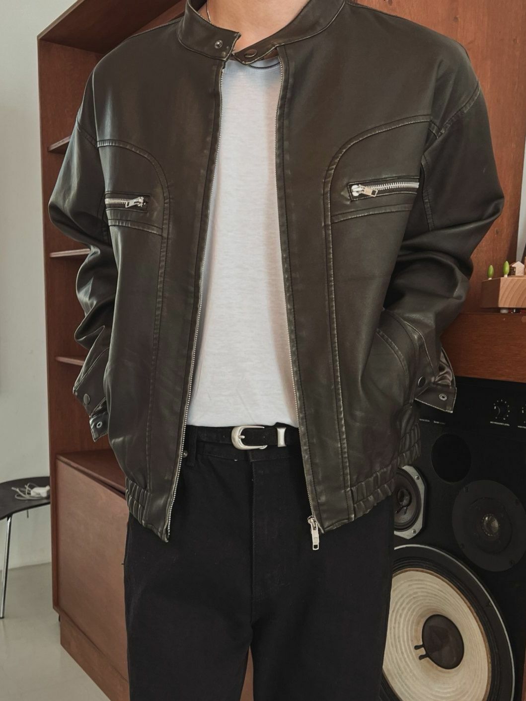 淨色企領拉鍊合成皮褸 OUR ROOM-058JK