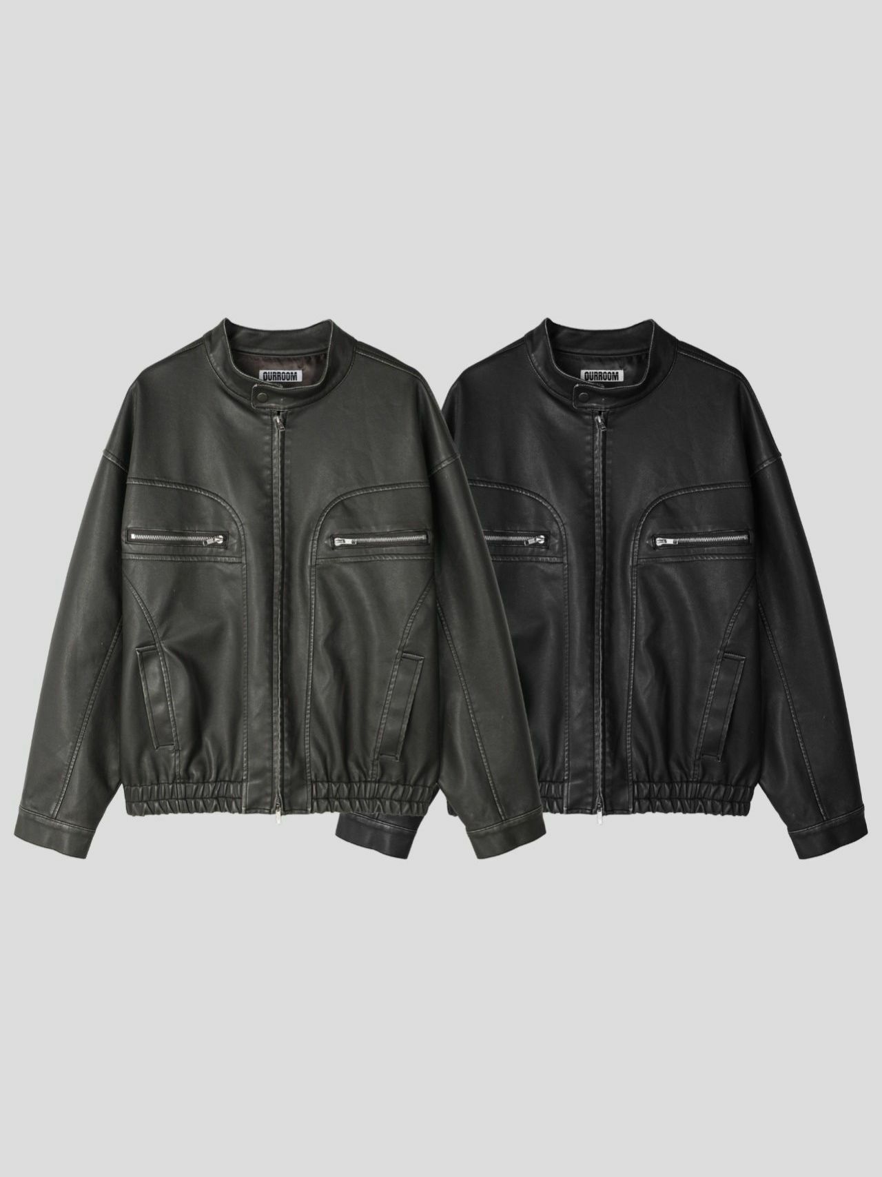 淨色企領拉鍊合成皮褸 OUR ROOM-058JK