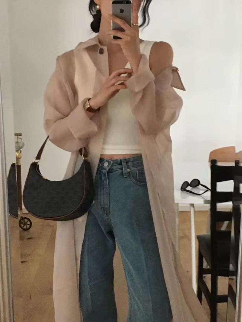 挺版網紗 襯衫式洋裝(粉/米/黑)