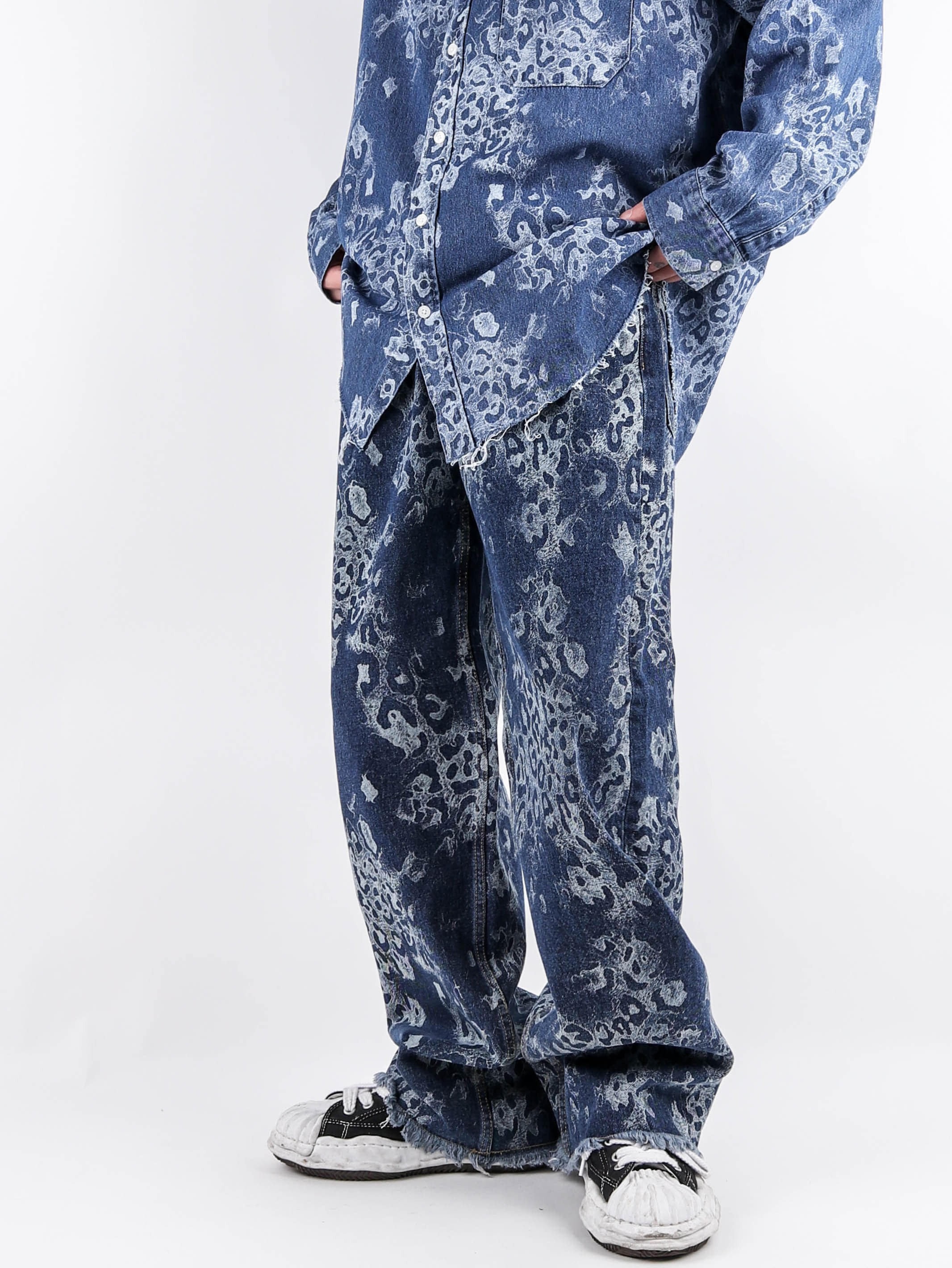 藍色豹紋水洗休閒褲