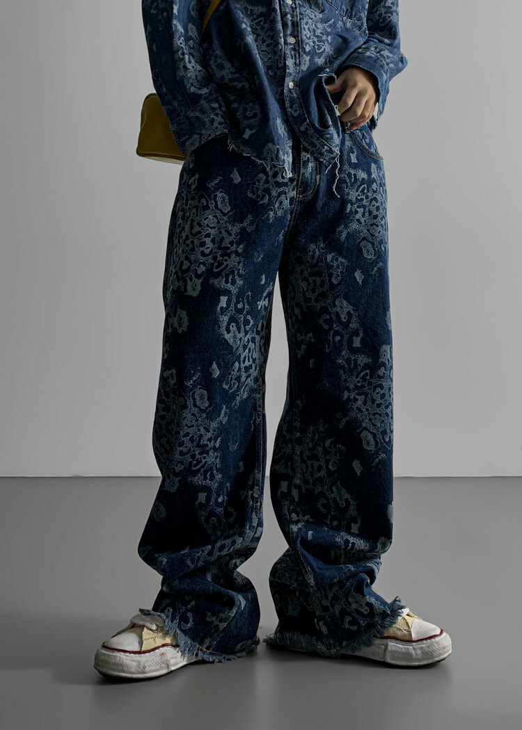 藍色豹紋水洗休閒褲