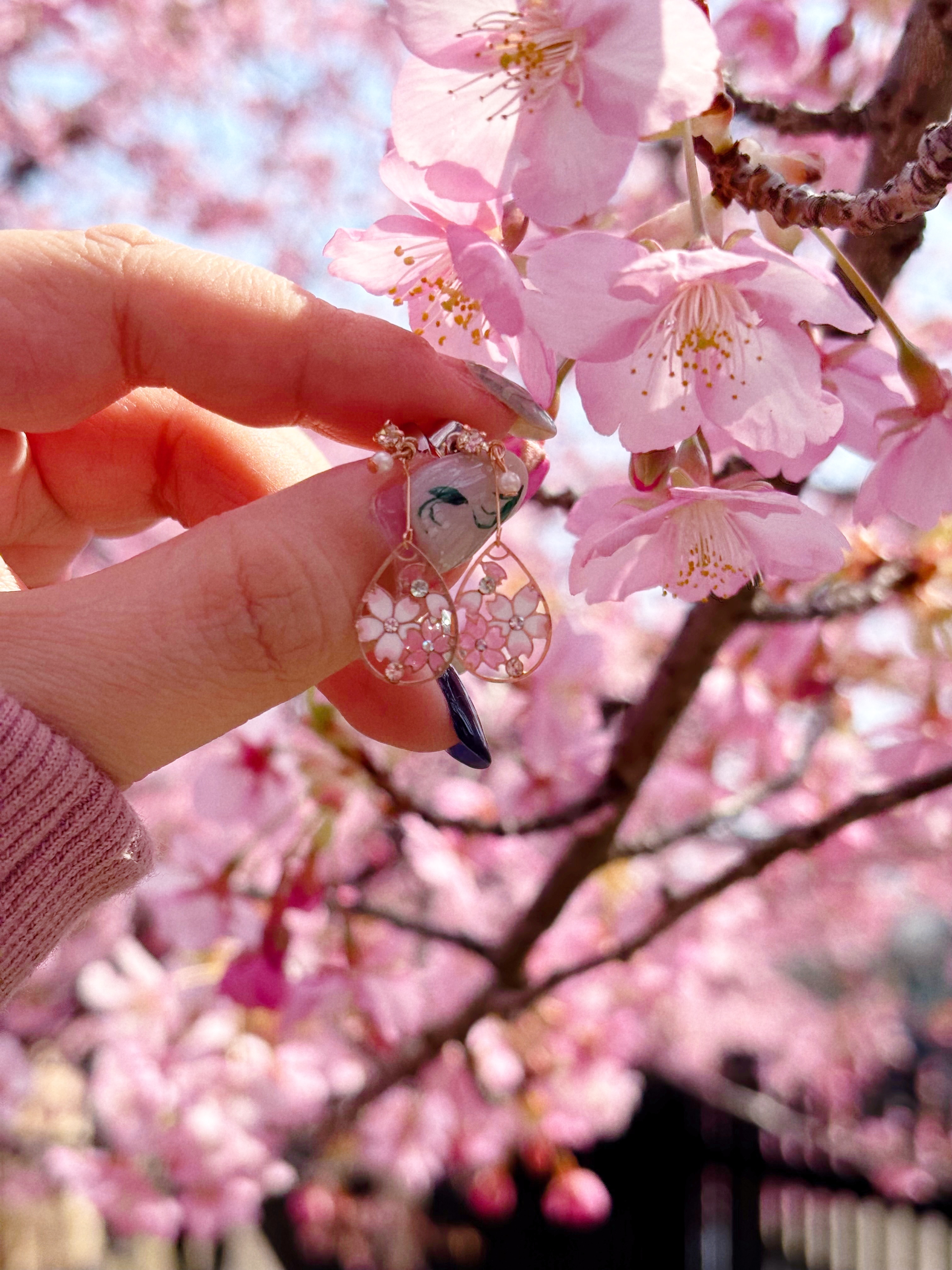 日本制櫻花水滴耳環