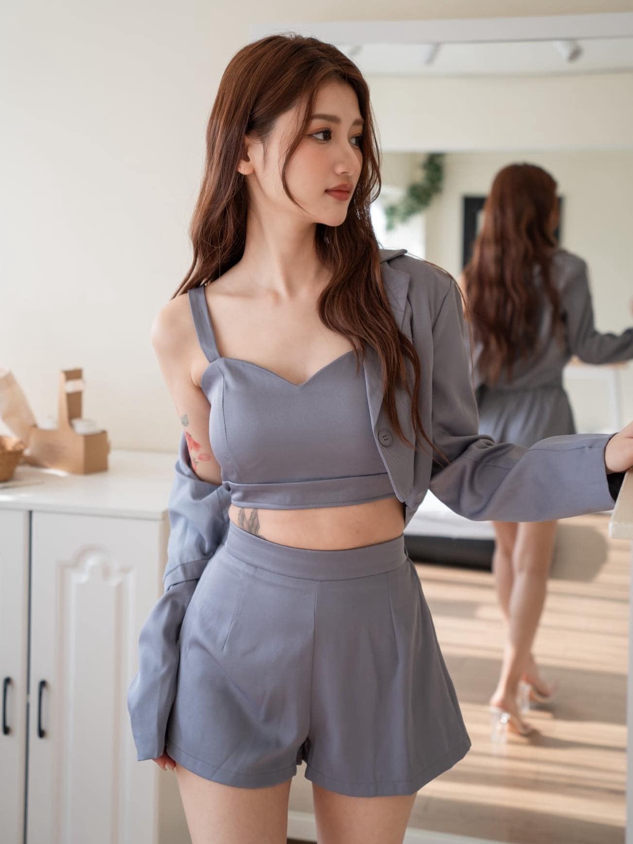 🤍春季西外+罩杯小可愛+短褲三件式（灰色均碼）