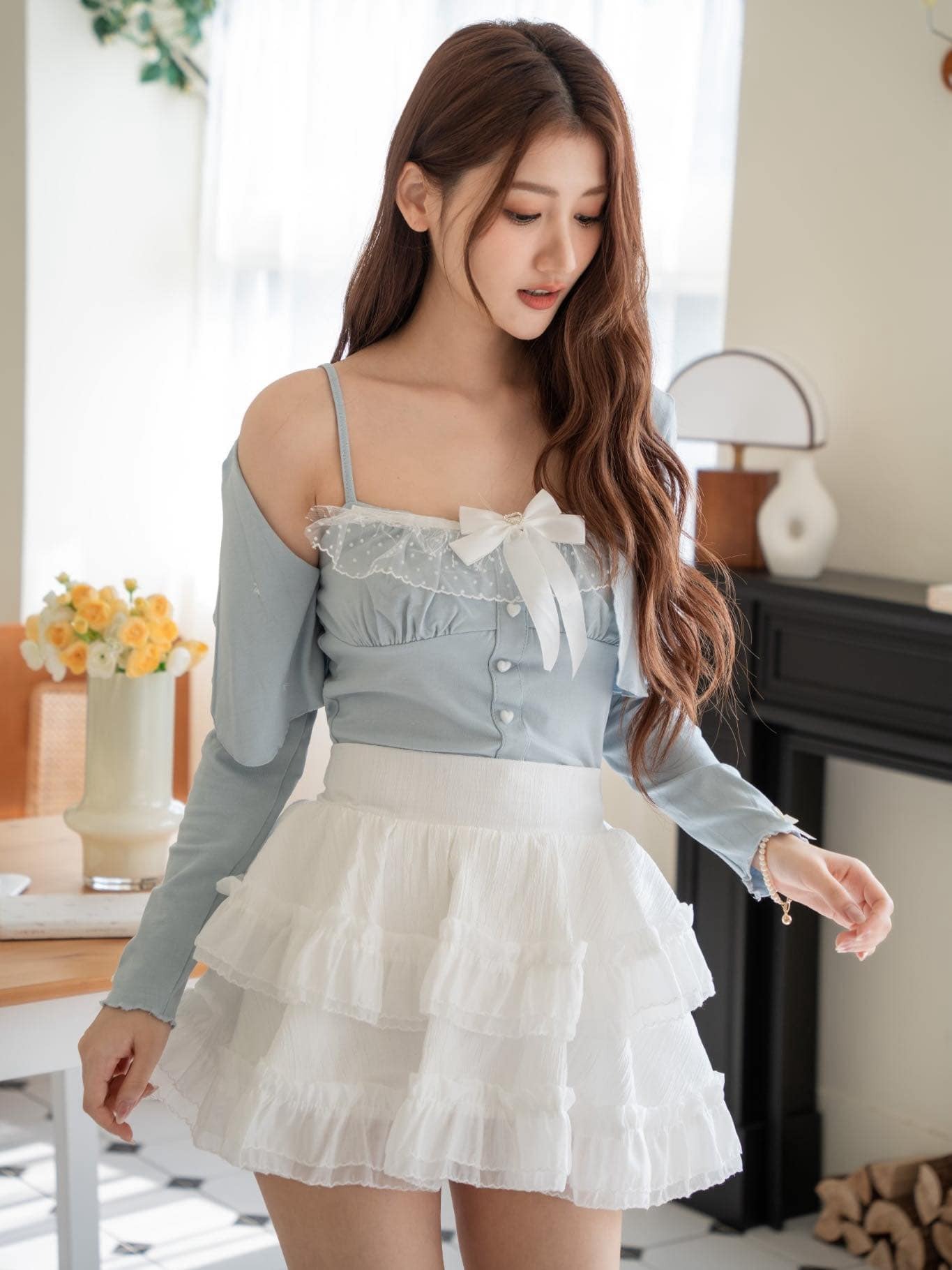 🤍蝴蝶結小罩衫+蕾絲小可愛+蛋糕裙三件式（淺藍色均碼）