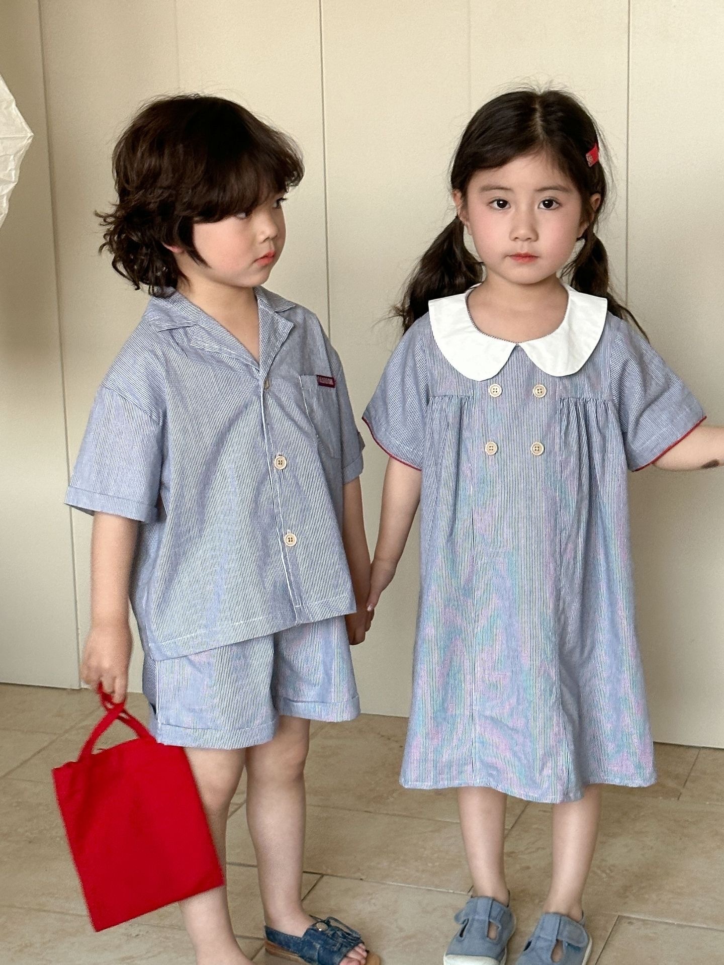 兄弟姐妹一起穿_夏季柔和直條襯衫套裝/洋裝