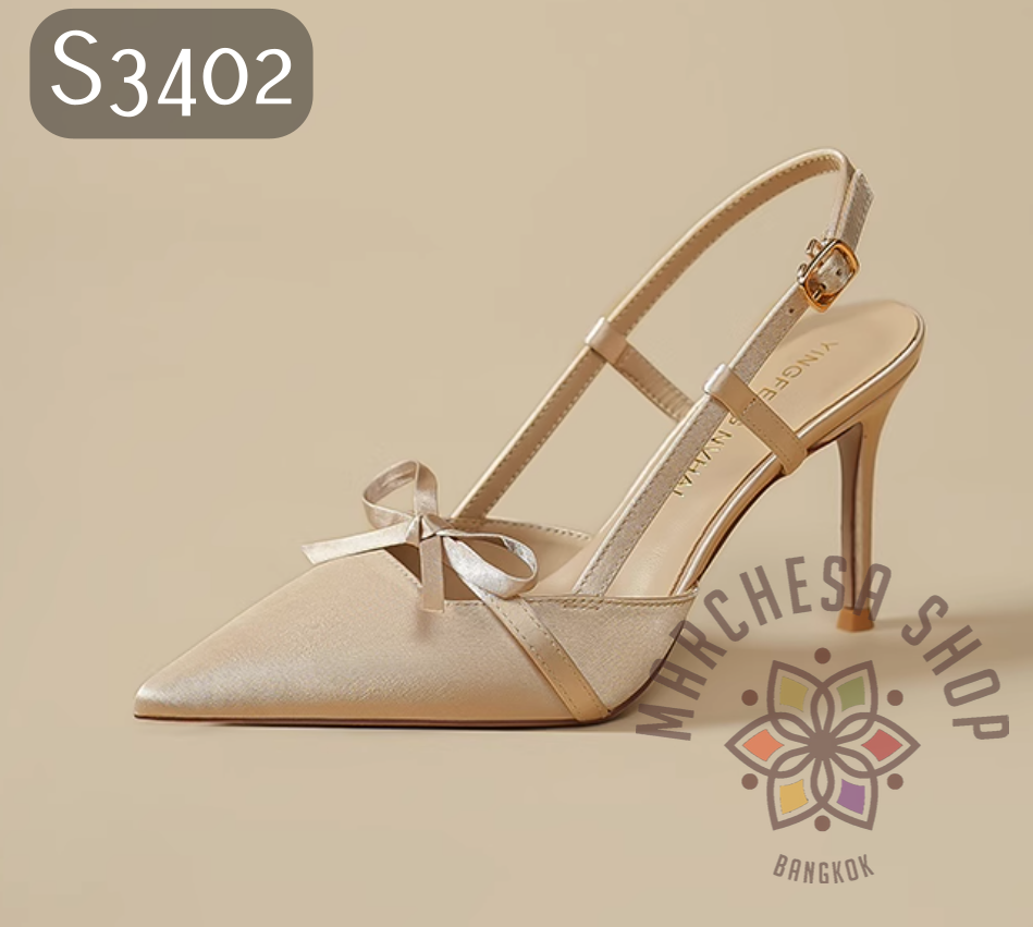 S3402 - 羊皮絲綢縷空尖頭高踭涼鞋