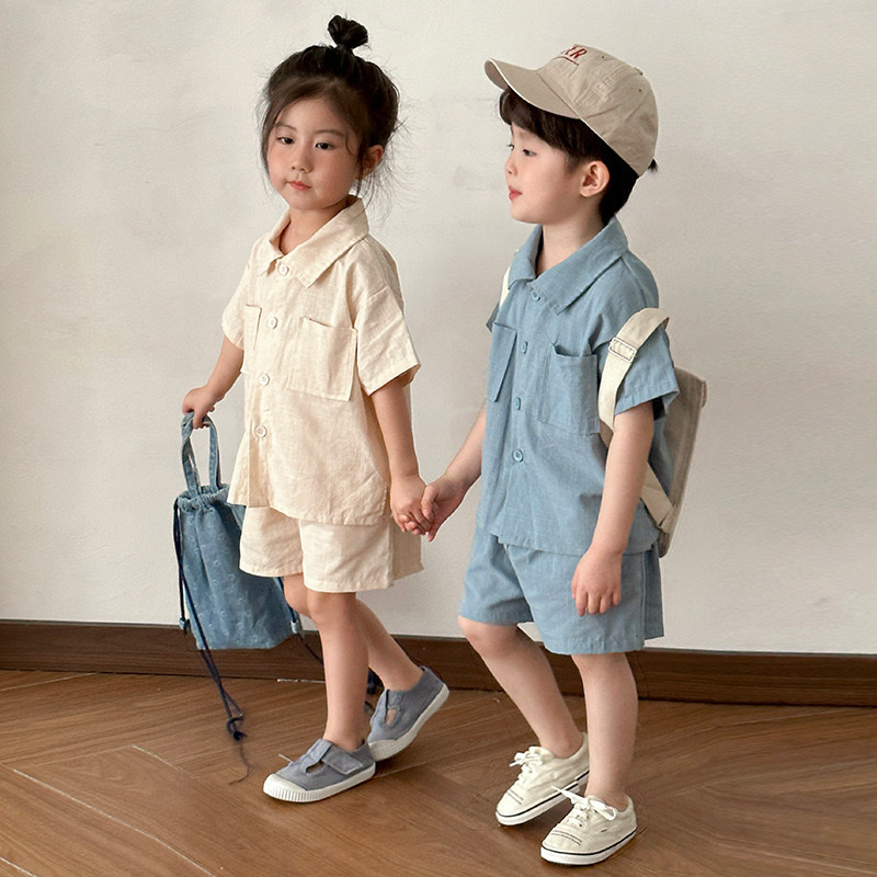 純棉薄款雙口袋工裝襯衫套裝