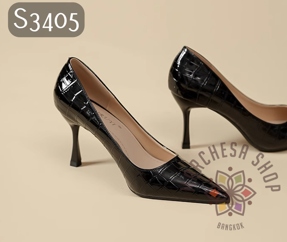 S3405 - 羊漆皮壓紋尖頭高踭鞋 (兩種跟高 大小呎碼)