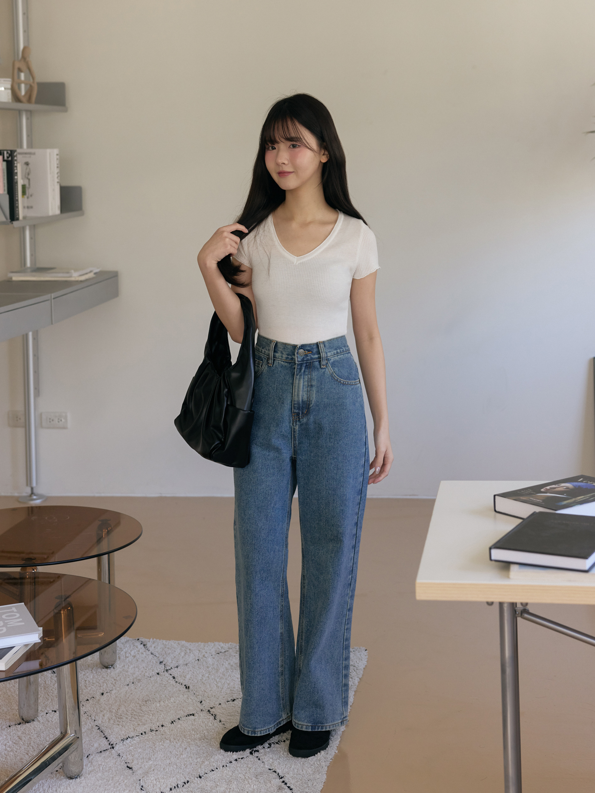 V領捲邊袖彈性薄針織