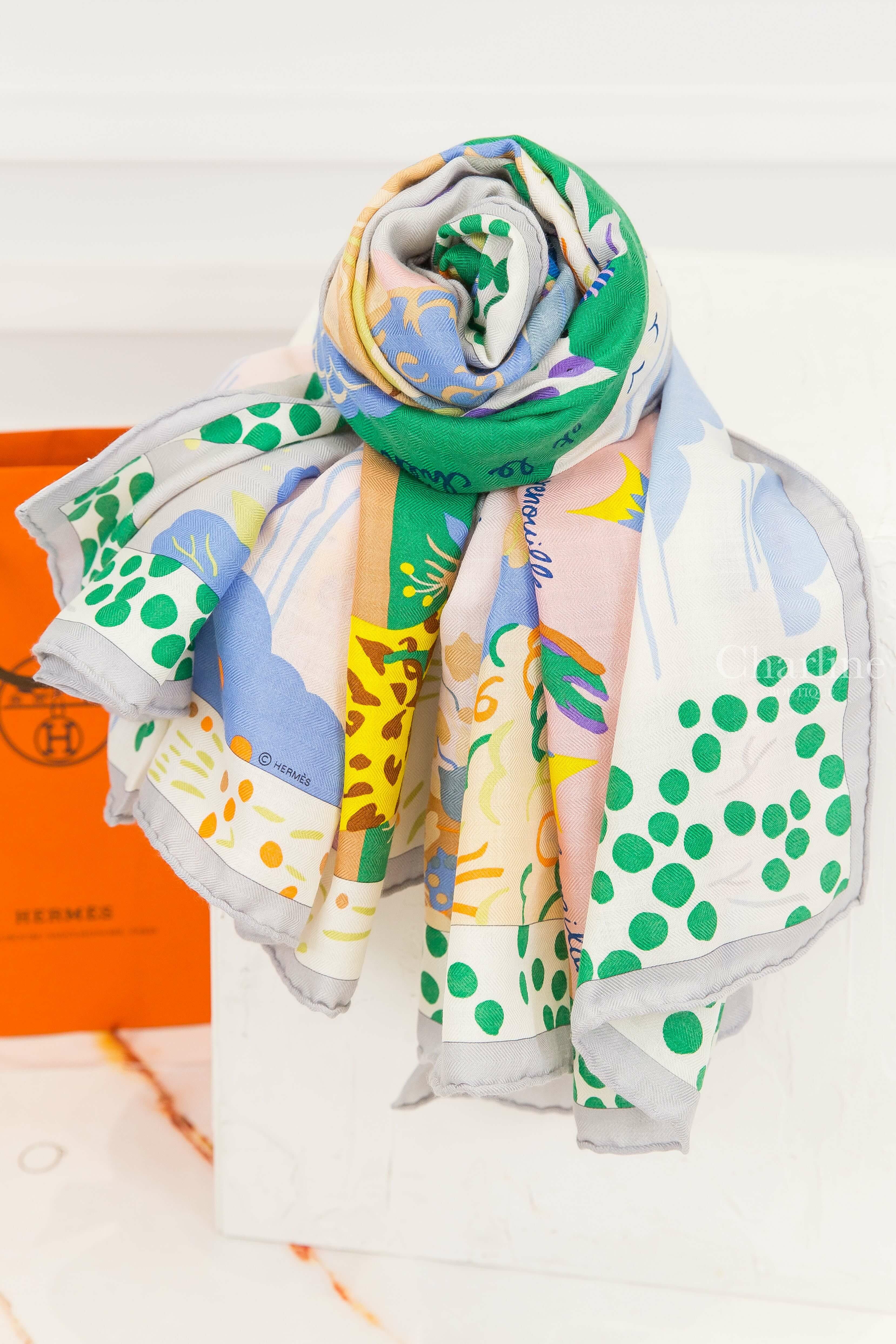 Hermès Le Livre D'esope Shawl 140 綠色/玫瑰色/彩色埃索普之書喀什米爾真絲披肩