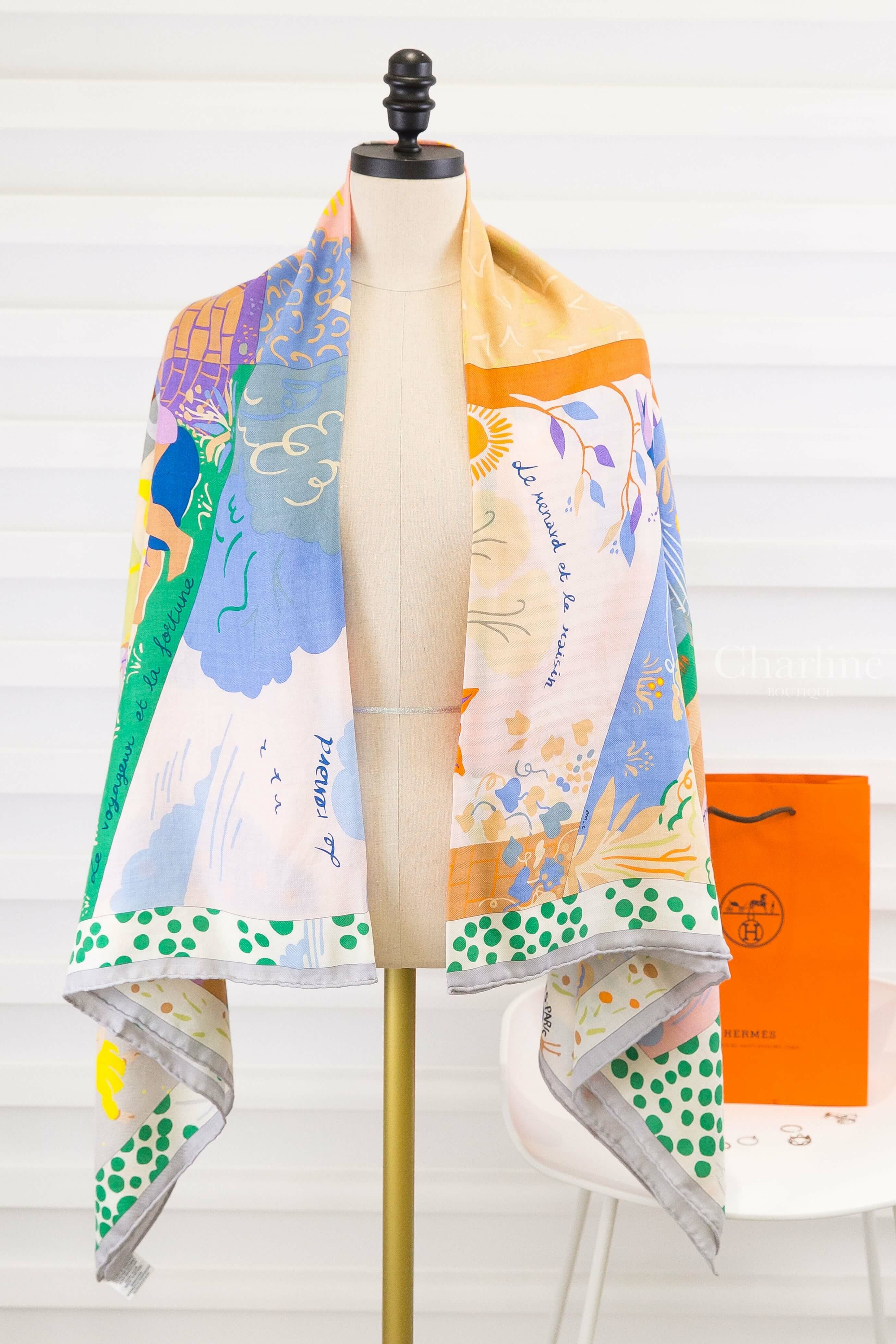 Hermès Le Livre D'esope Shawl 140 綠色/玫瑰色/彩色埃索普之書喀什米爾真絲披肩-Charline Boutique 精品代購