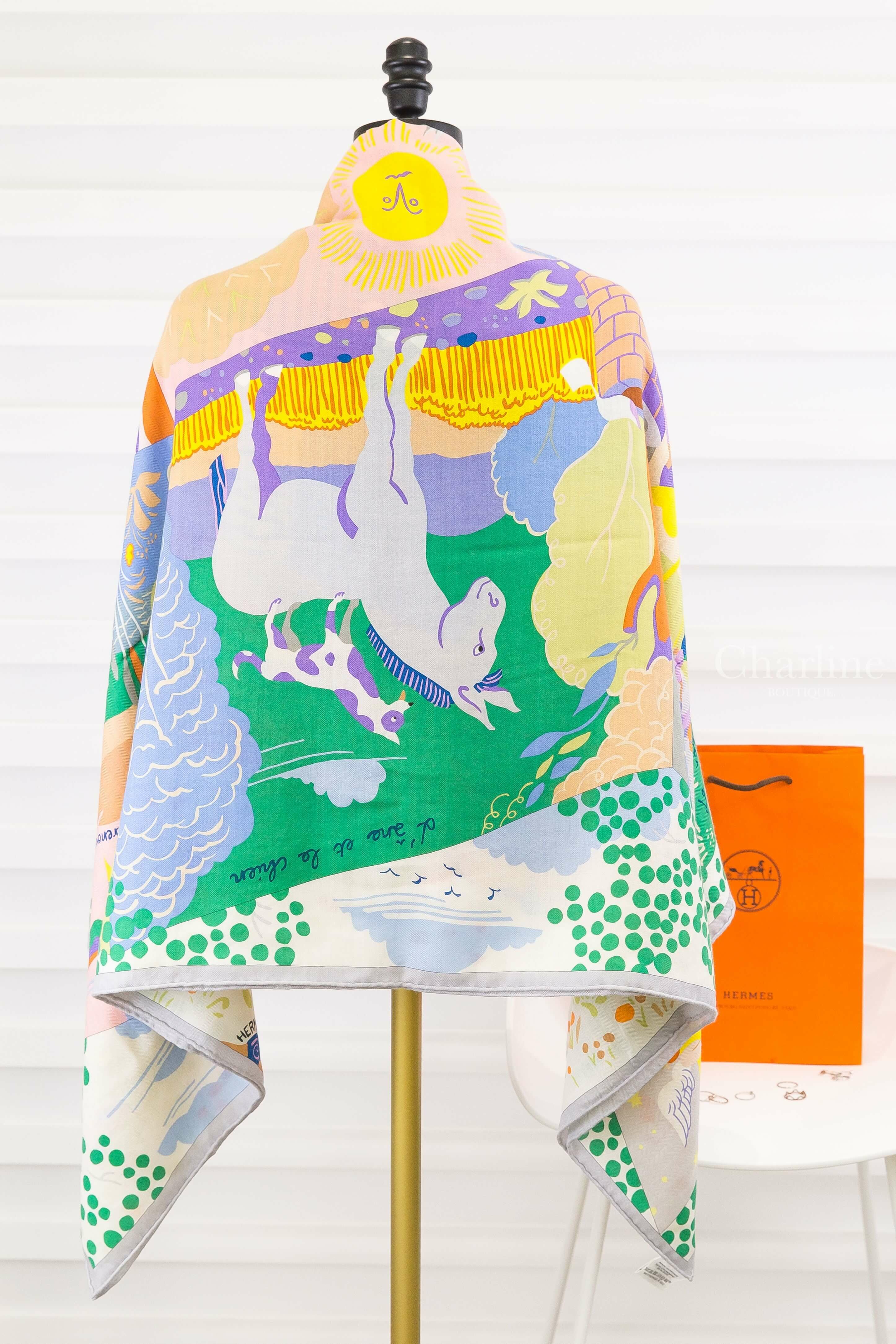Hermès Le Livre D'esope Shawl 140 綠色/玫瑰色/彩色埃索普之書喀什米爾真絲披肩-Charline Boutique 精品代購