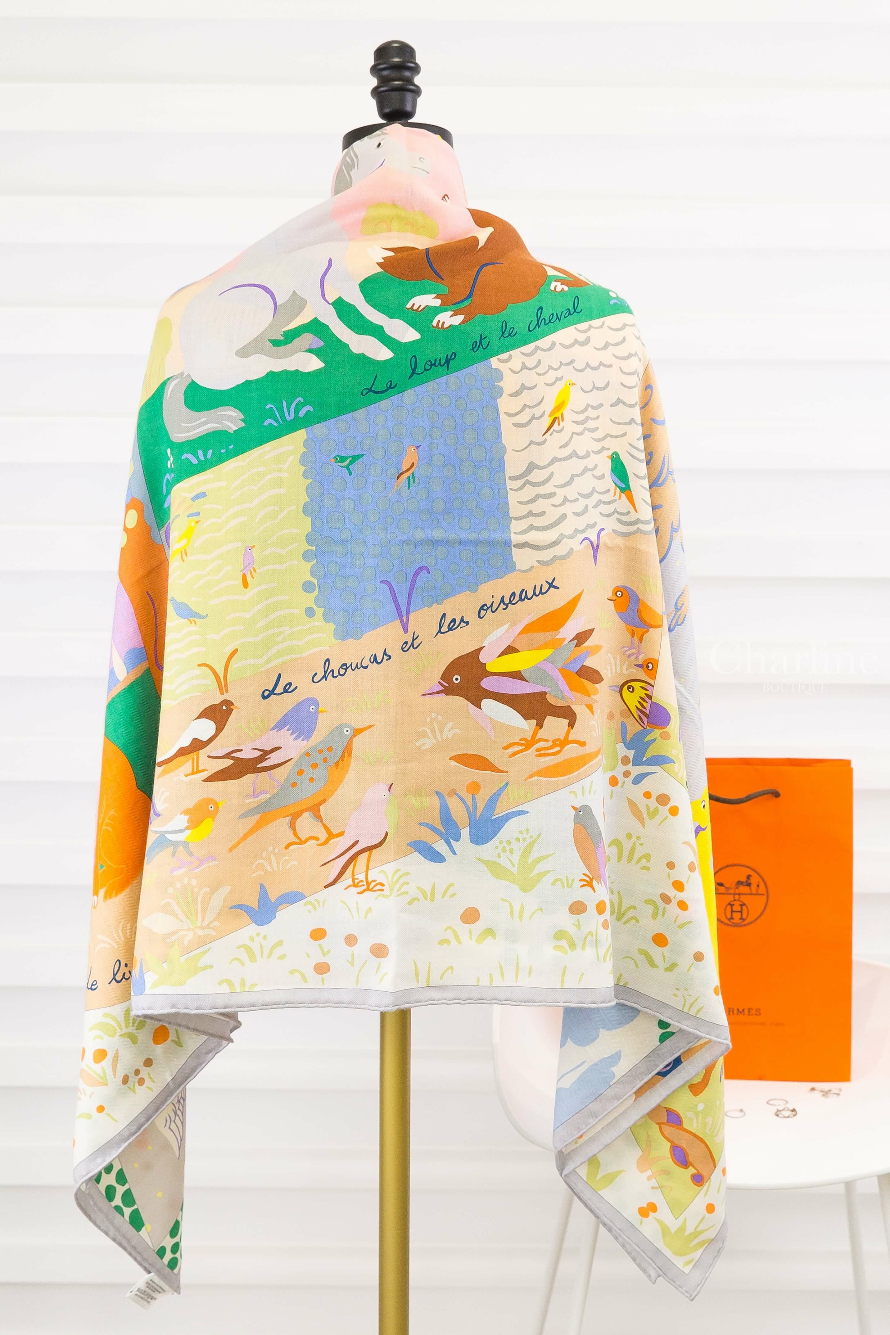 Hermès Le Livre D'esope Shawl 140 綠色/玫瑰色/彩色埃索普之書喀什米爾真絲披肩-Charline Boutique 精品代購
