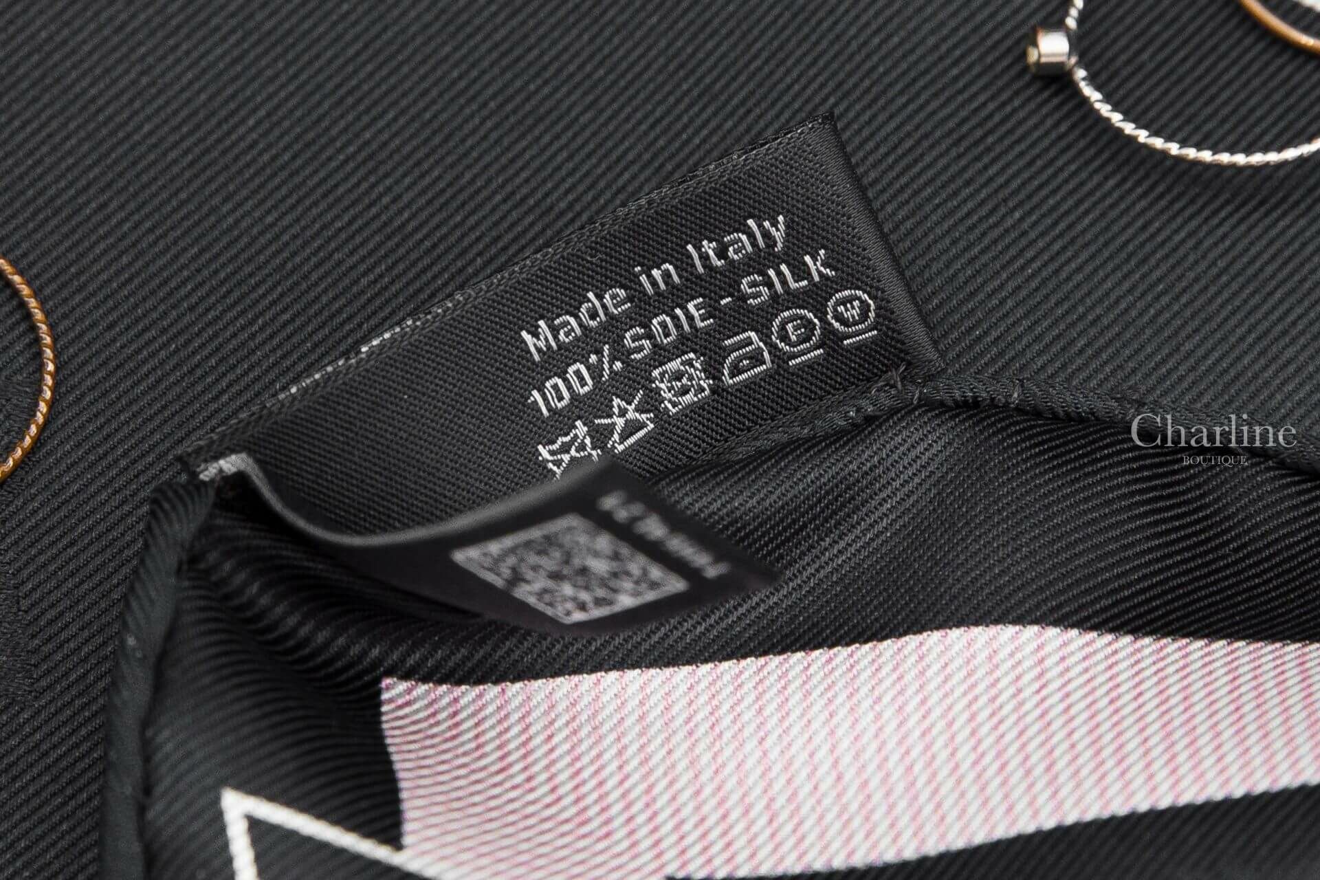Chanel Square Scarf 黑底滿版米色CC黑蝴蝶結提花織紋粉色線條滾邊真絲方巾-Charline Boutique 精品代購