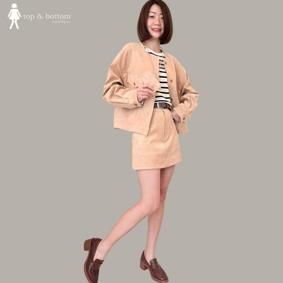 SUEDE LEATHER OVERSIZE JACKET WITH SHORT SKIRT SET SUIT (2 PCS)