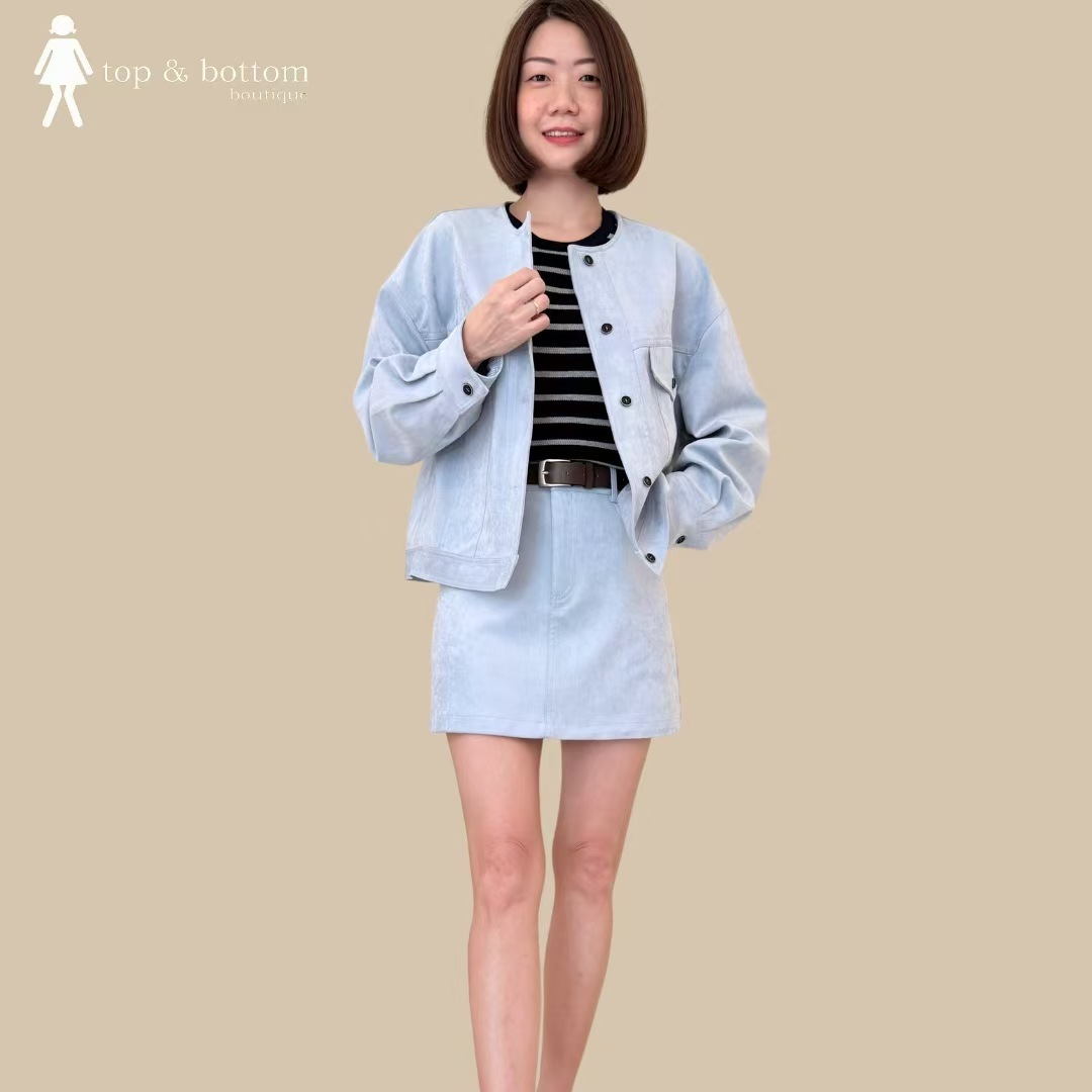 SUEDE LEATHER OVERSIZE JACKET WITH SHORT SKIRT SET SUIT (2 PCS)