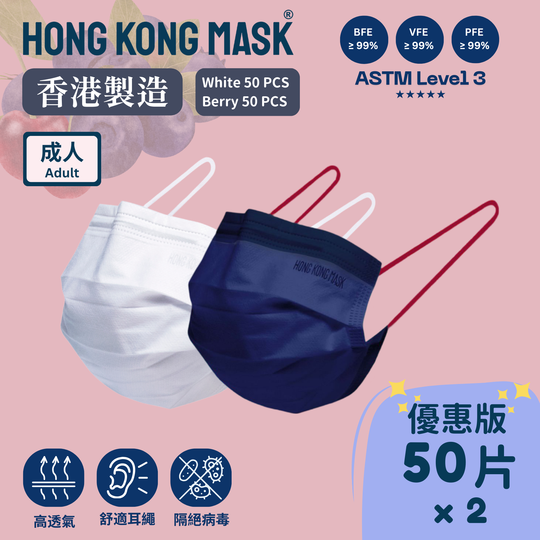 成人口罩(2盒共100片裝) 白色組合系列- 靛藍色 + 白色【香港製造】