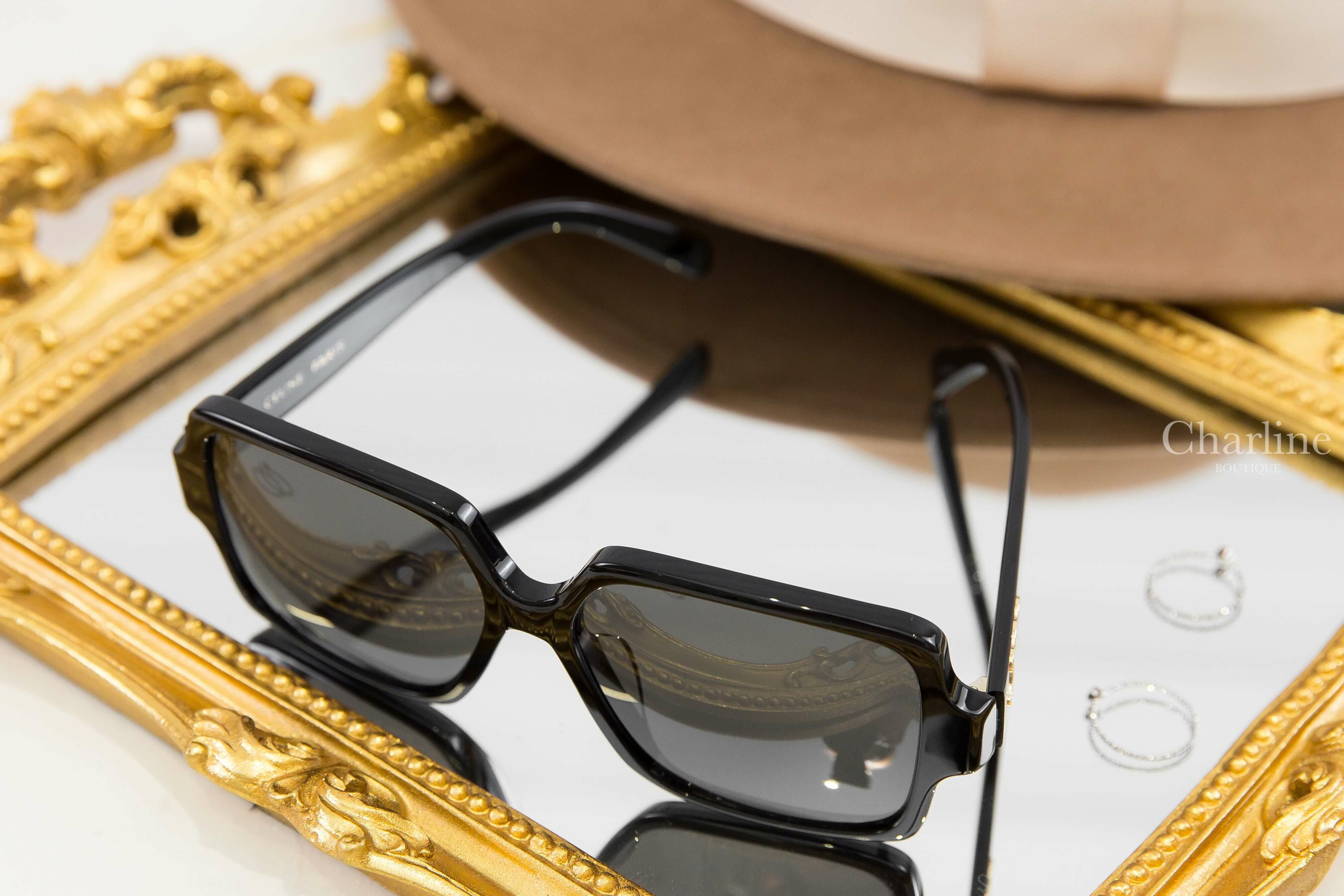 Celine Triomphe 16 Sunglasses In Acetate 黑色方框側邊金色凱旋門太陽眼鏡附棕褐色凱旋門手提眼鏡盒兩件組-Charline Boutique 精品代購