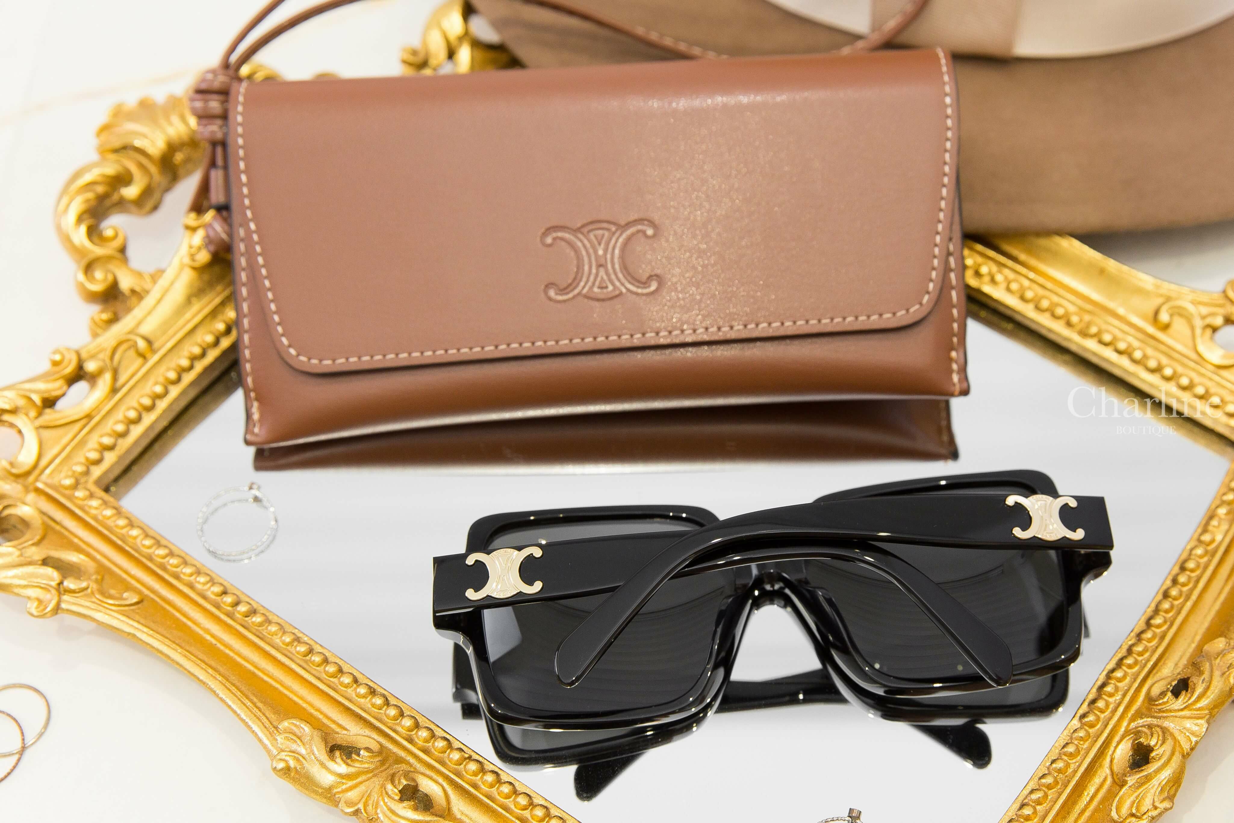 Celine Triomphe 16 Sunglasses In Acetate 黑色方框側邊金色凱旋門太陽眼鏡附棕褐色凱旋門手提眼鏡盒兩件組-Charline Boutique 精品代購