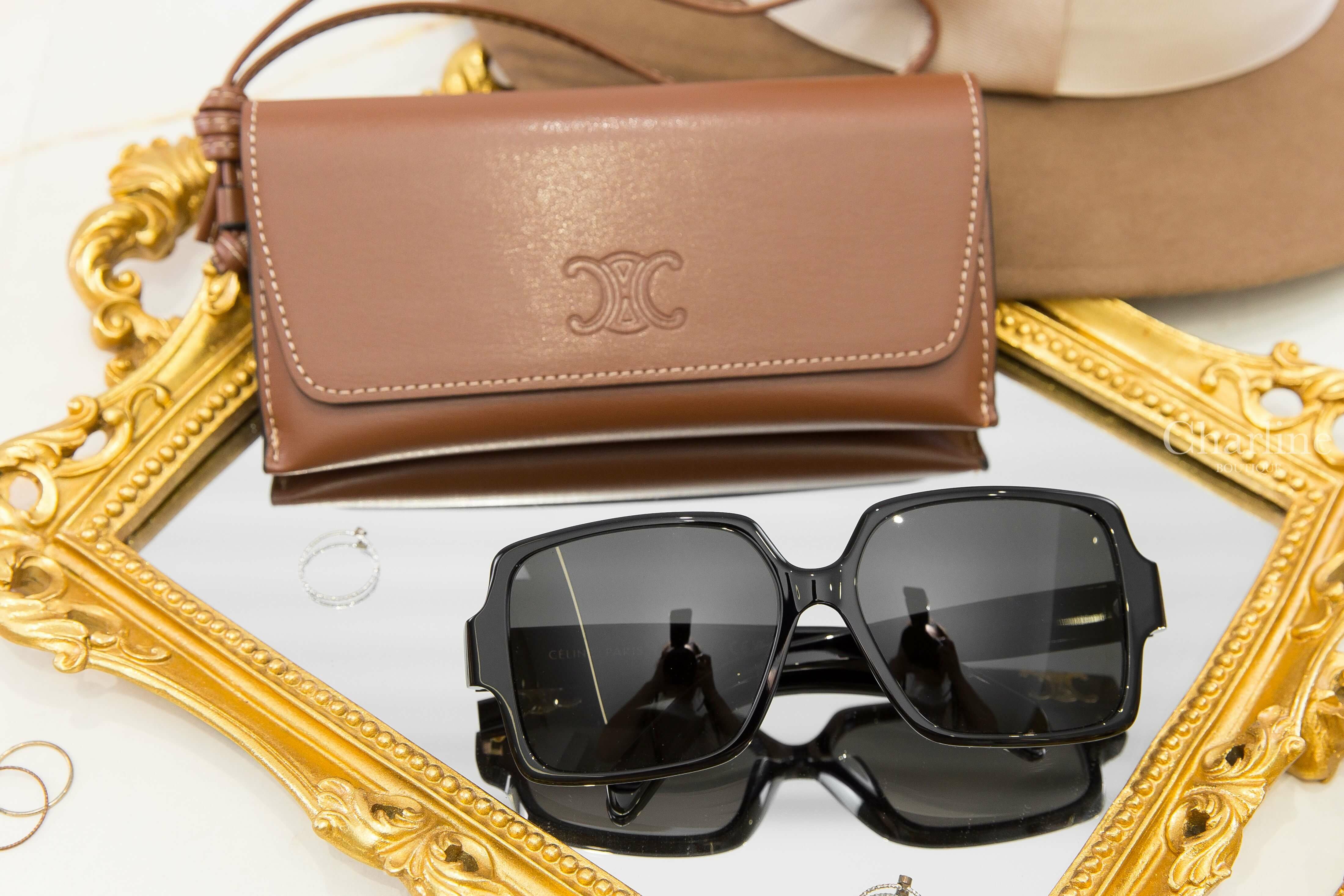 Celine Triomphe 16 Sunglasses In Acetate 黑色方框側邊金色凱旋門太陽眼鏡附棕褐色凱旋門手提眼鏡盒兩件組