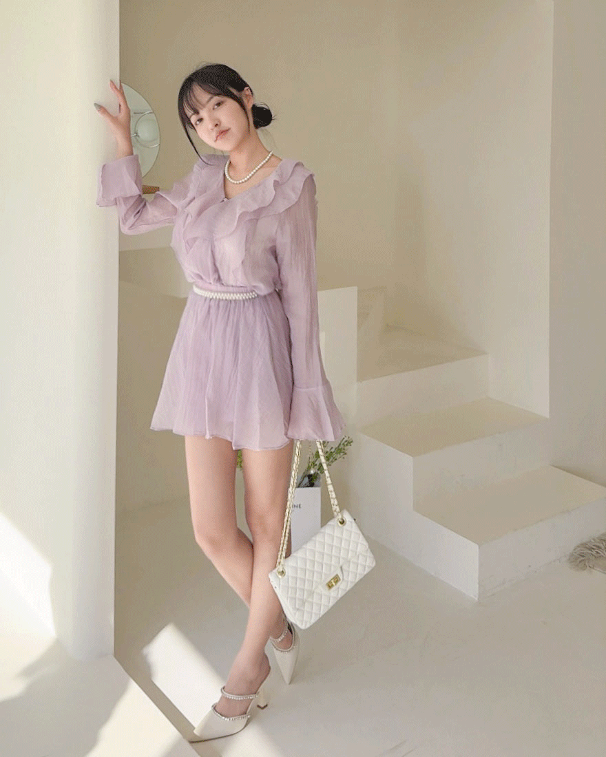LINA LINA柔美偏愛紋理荷葉滾邊上衣褲裙兩件組-浪漫紫