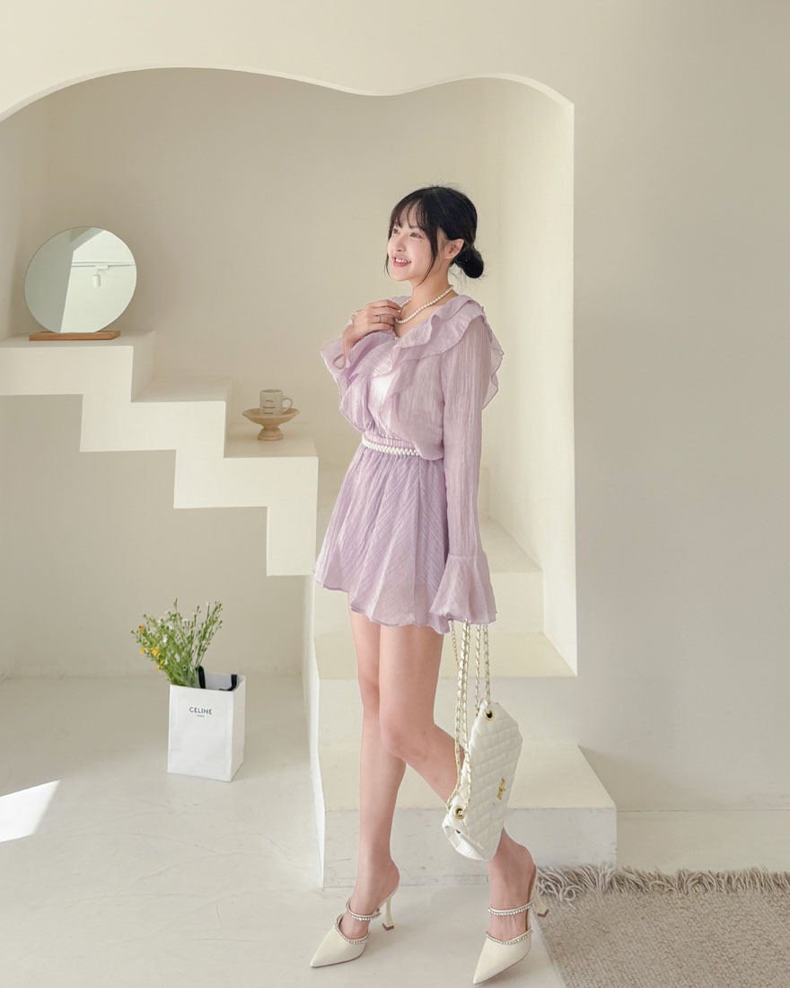 LINA LINA柔美偏愛紋理荷葉滾邊上衣褲裙兩件組-浪漫紫