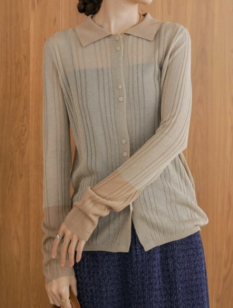 拼色拼鈕扣薄針織上衣