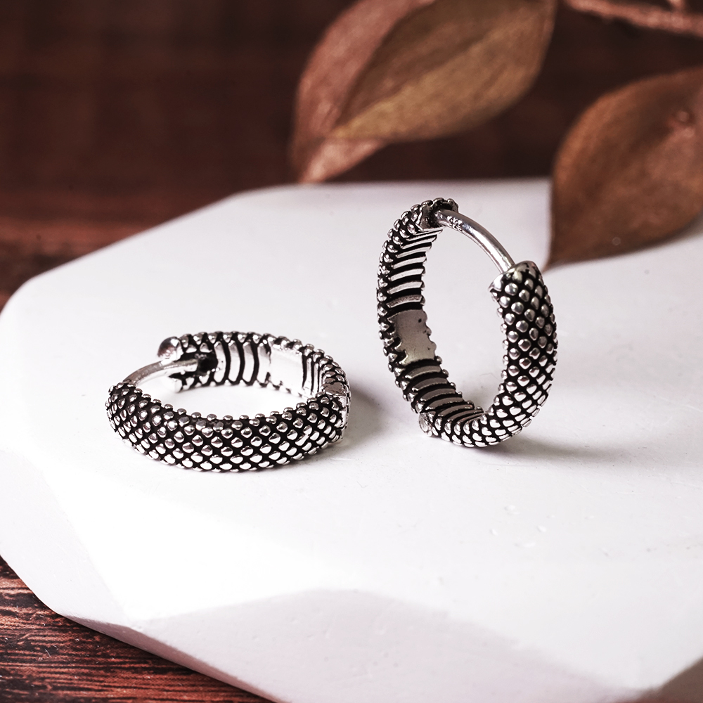 純銀 復古鱗紋 易扣耳環 925純銀耳環 女生耳環 男生耳環