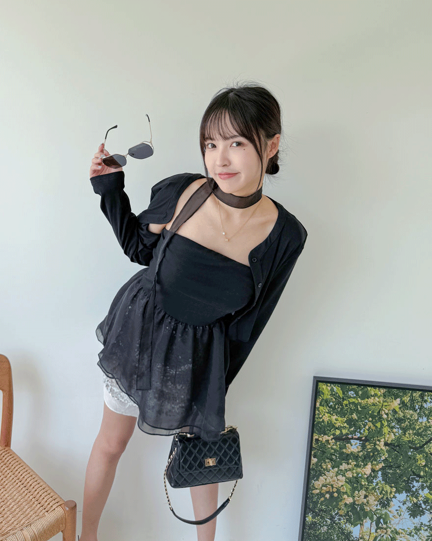 LINA LINA高雅時尚純色網紗背心外套絲帶三件組-氣勢黑