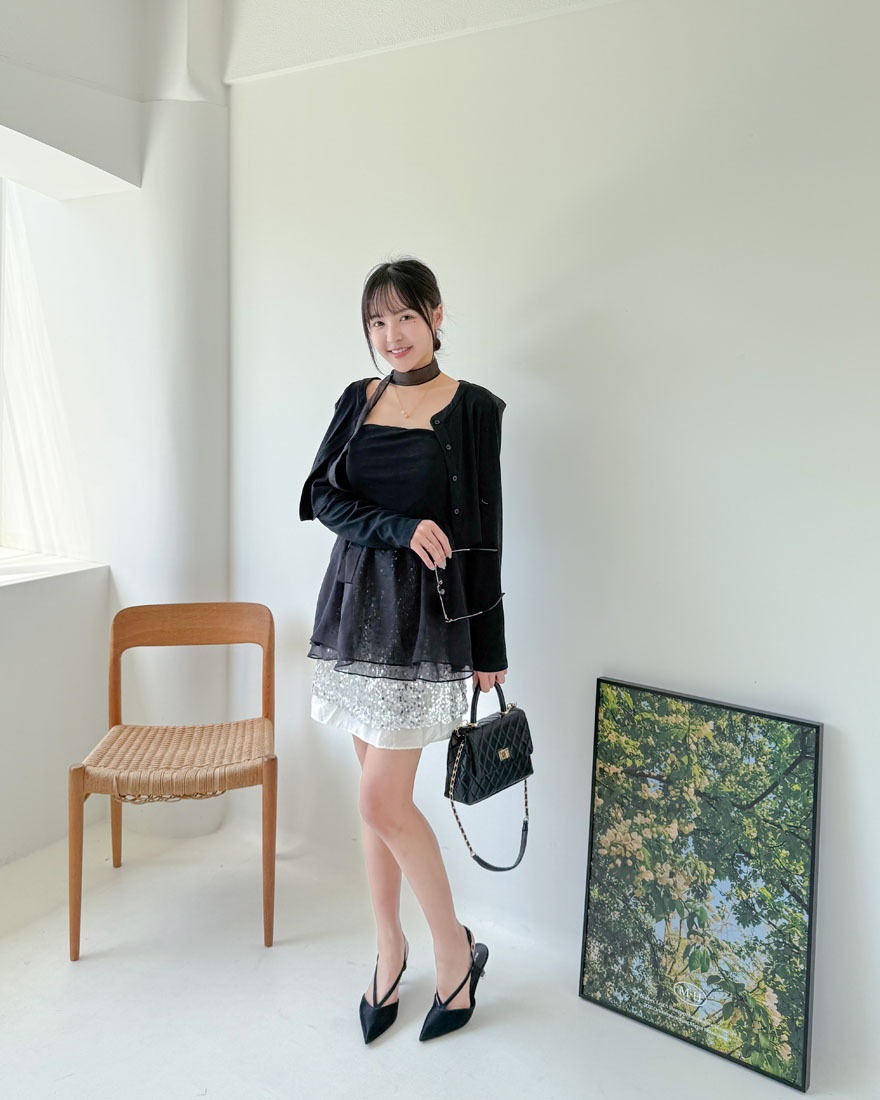 LINA LINA高雅時尚純色網紗背心外套絲帶三件組-氣勢黑