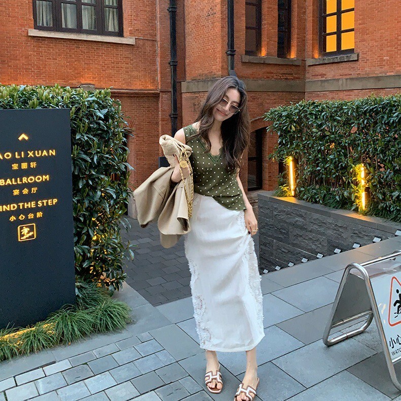 雲朵白側邊鏤空蕾絲鉛筆裙長裙S-XL (Elegant & Love)