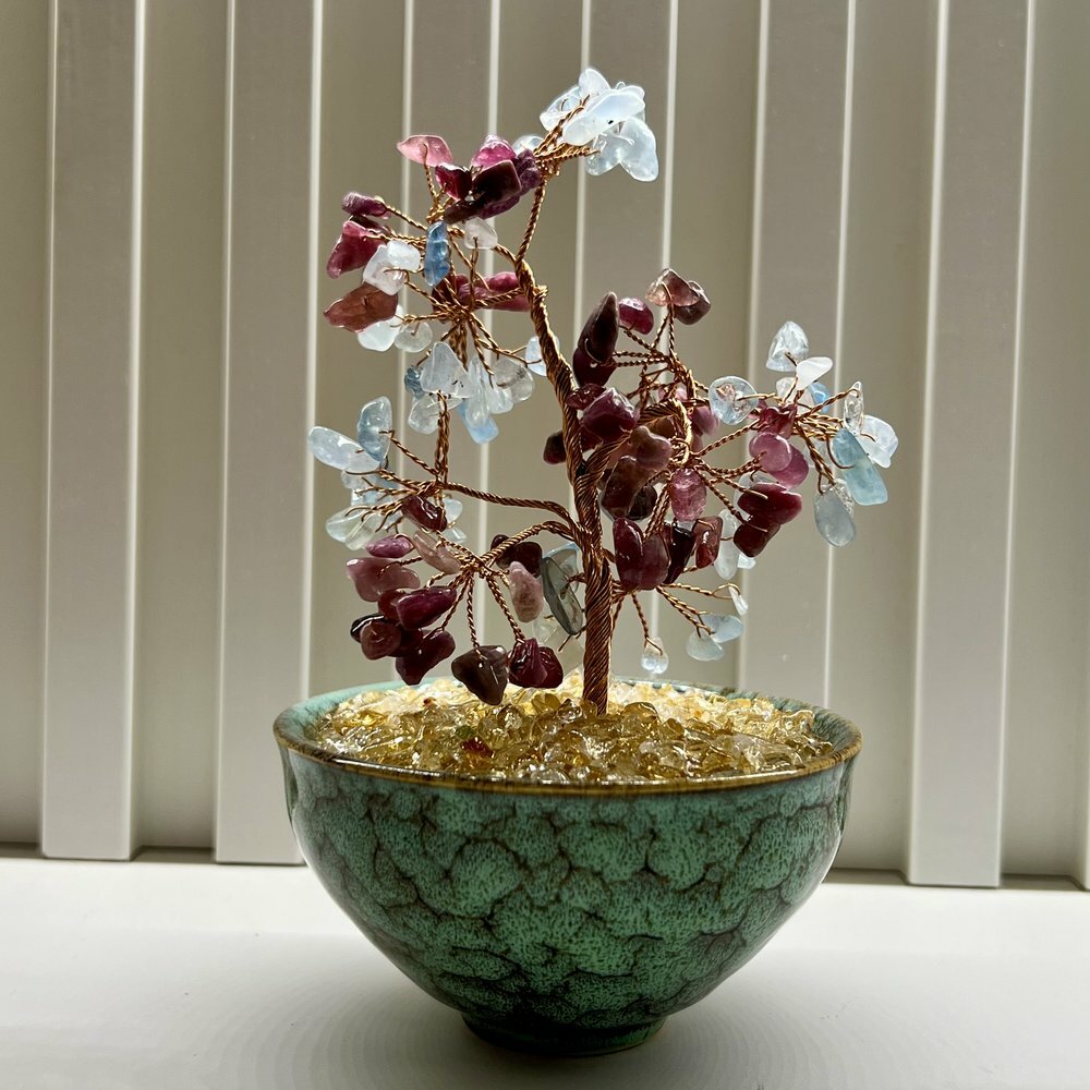 [S] GEMZ & CO HLCT RANDOM CERAMIC BOWL PINK TOURMALINE AND AQUAMARINE TREE, W44 (W44)