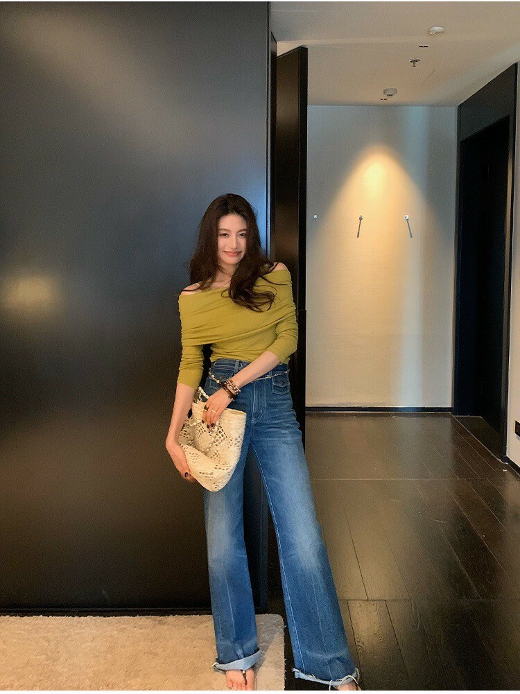 芥末黃雙肩帶一字領造型上衣S-L (Elegant & Love)