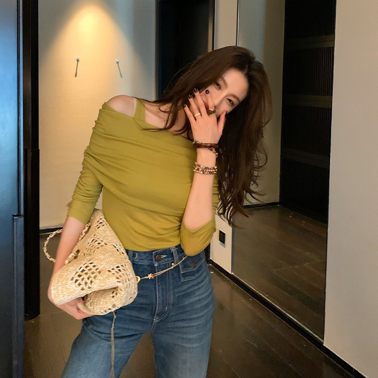 芥末黃雙肩帶一字領造型上衣S-L (Elegant & Love)