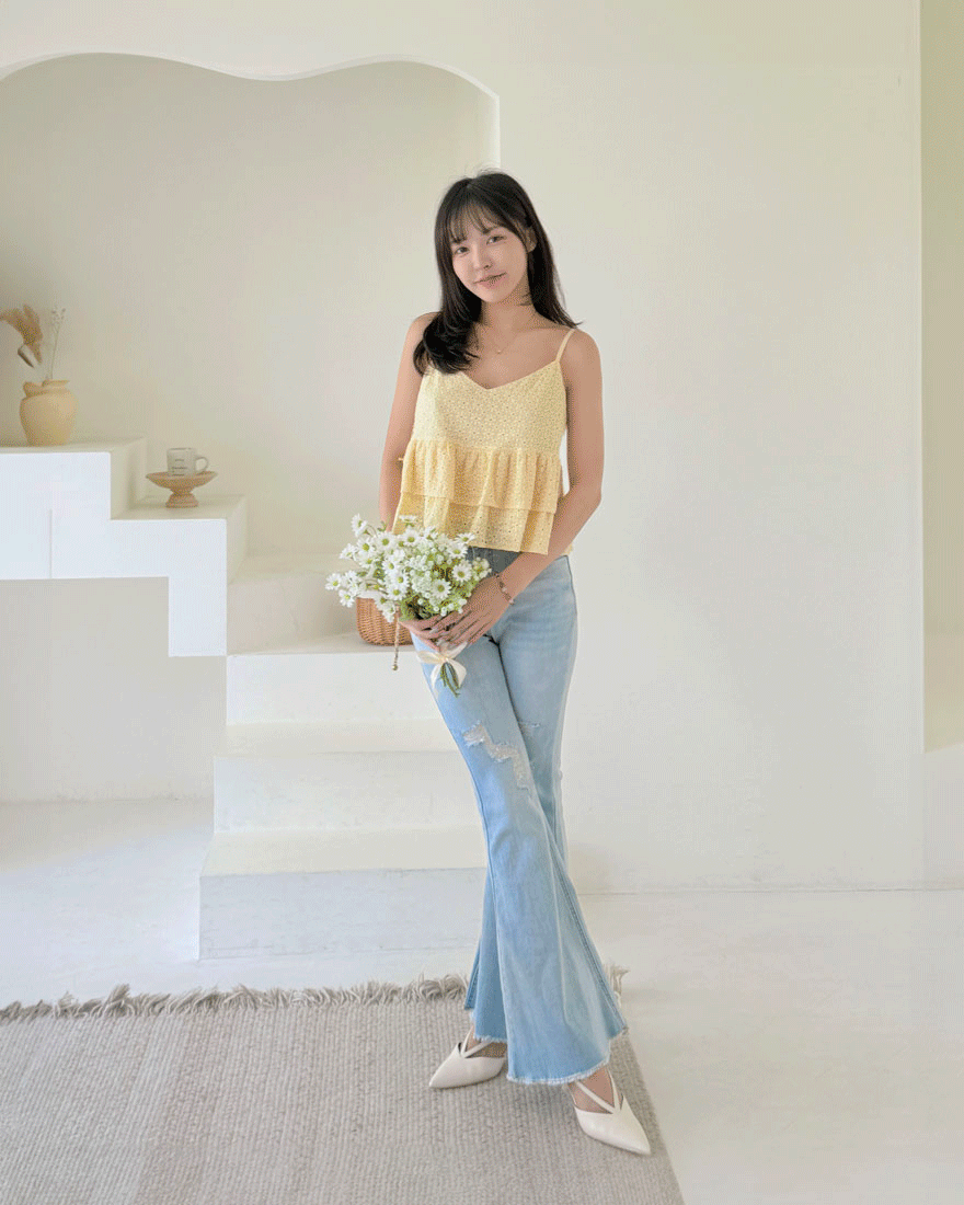 LINA LINA長腿美學彈力刷破抽鬚喇叭牛仔褲-淺藍S-L