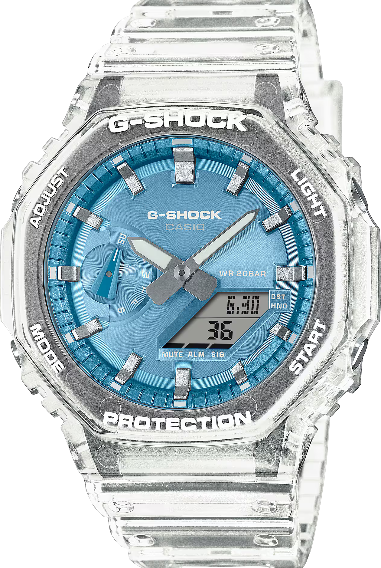 萬年鐘錶 - G-SHOCK  八角錶殼半透明水藍色運動電子錶  GA-2100BM-7A2 錶徑 : 45.4mm