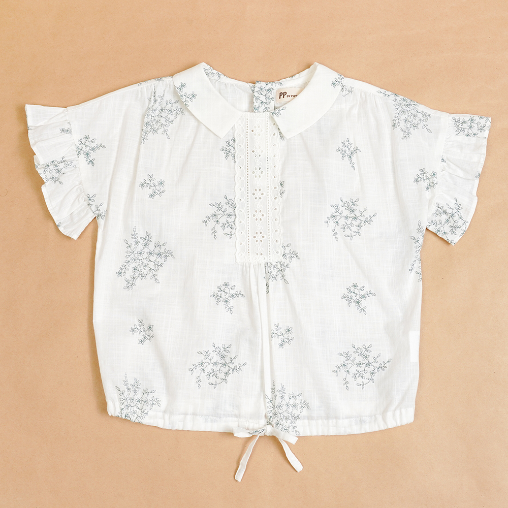 PIPPY 優雅小花翻領荷葉袖上衣 淺綠