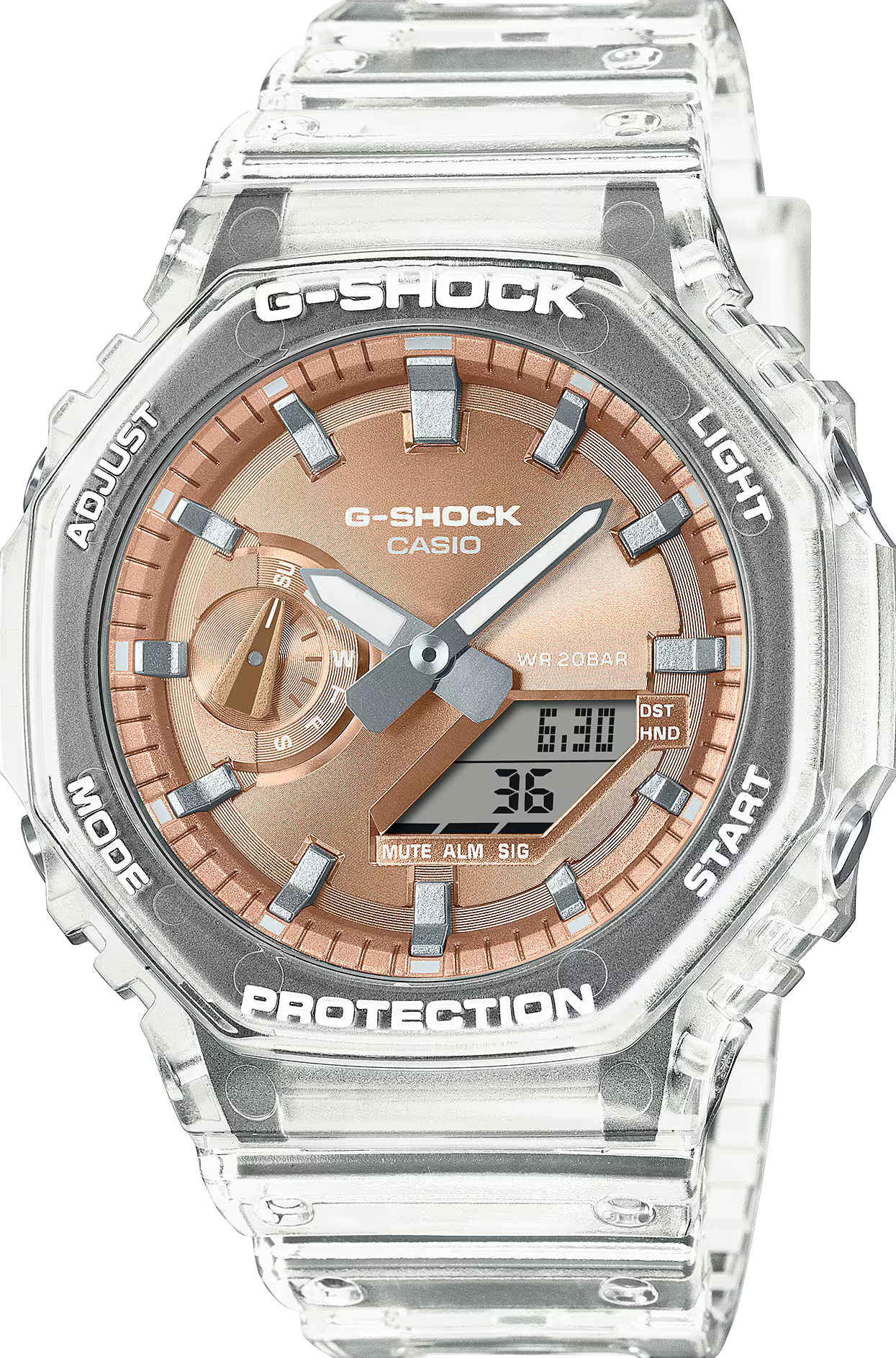 萬年鐘錶 - G-SHOCK  八角錶殼半透明玫瑰金面盤運動電子錶 GA-2100BM-7A5  錶徑 : 45.4mm