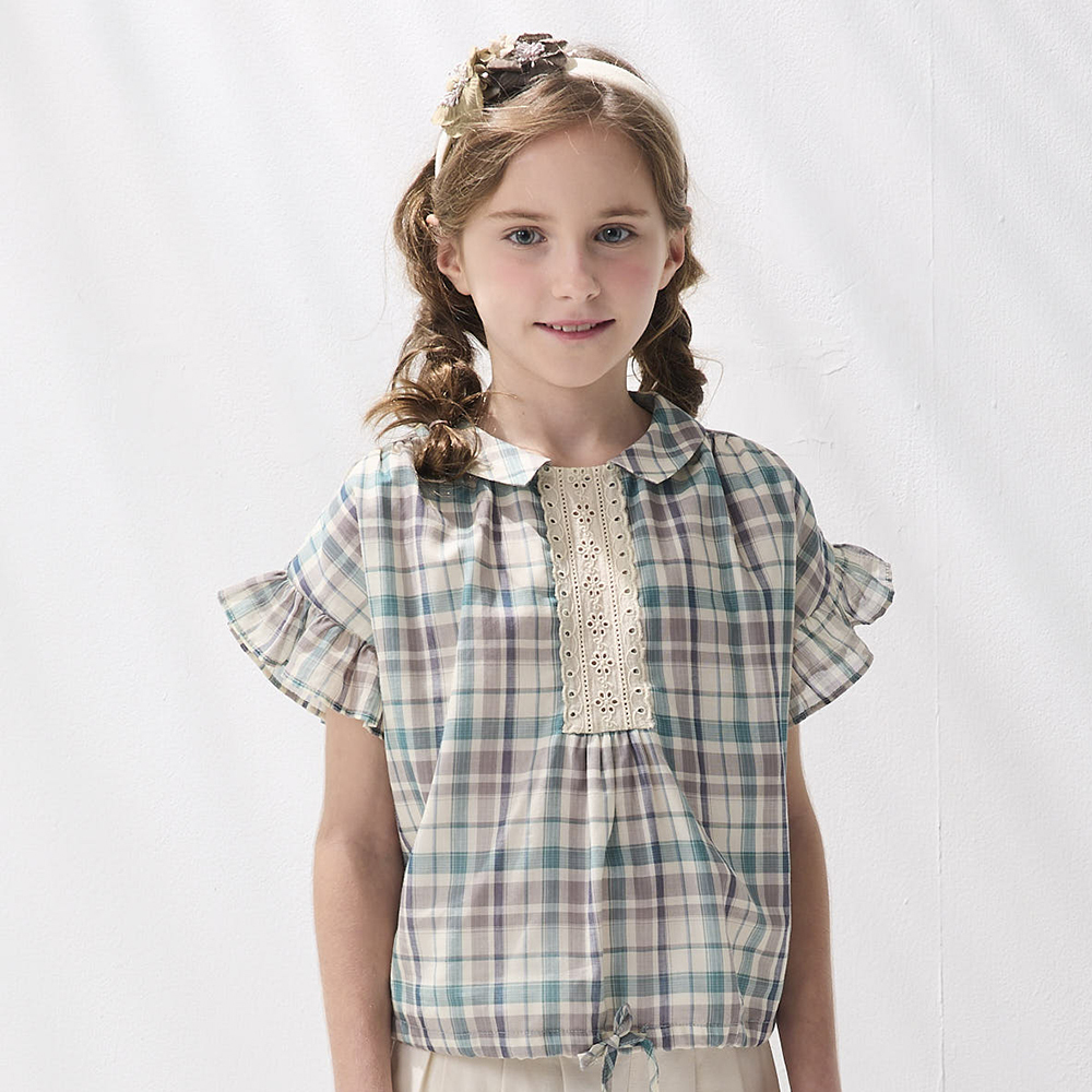 PIPPY 優雅格紋翻領荷葉袖上衣 綠