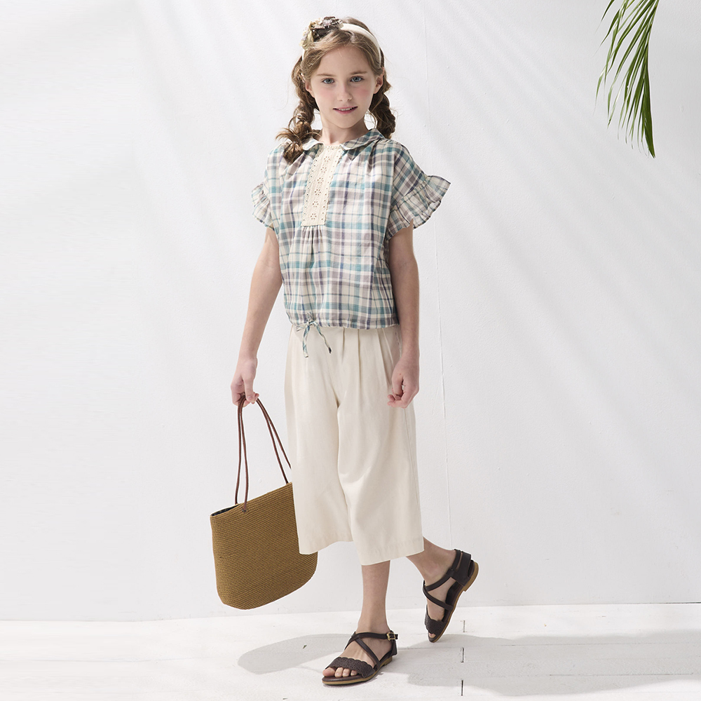 PIPPY 優雅格紋翻領荷葉袖上衣 綠