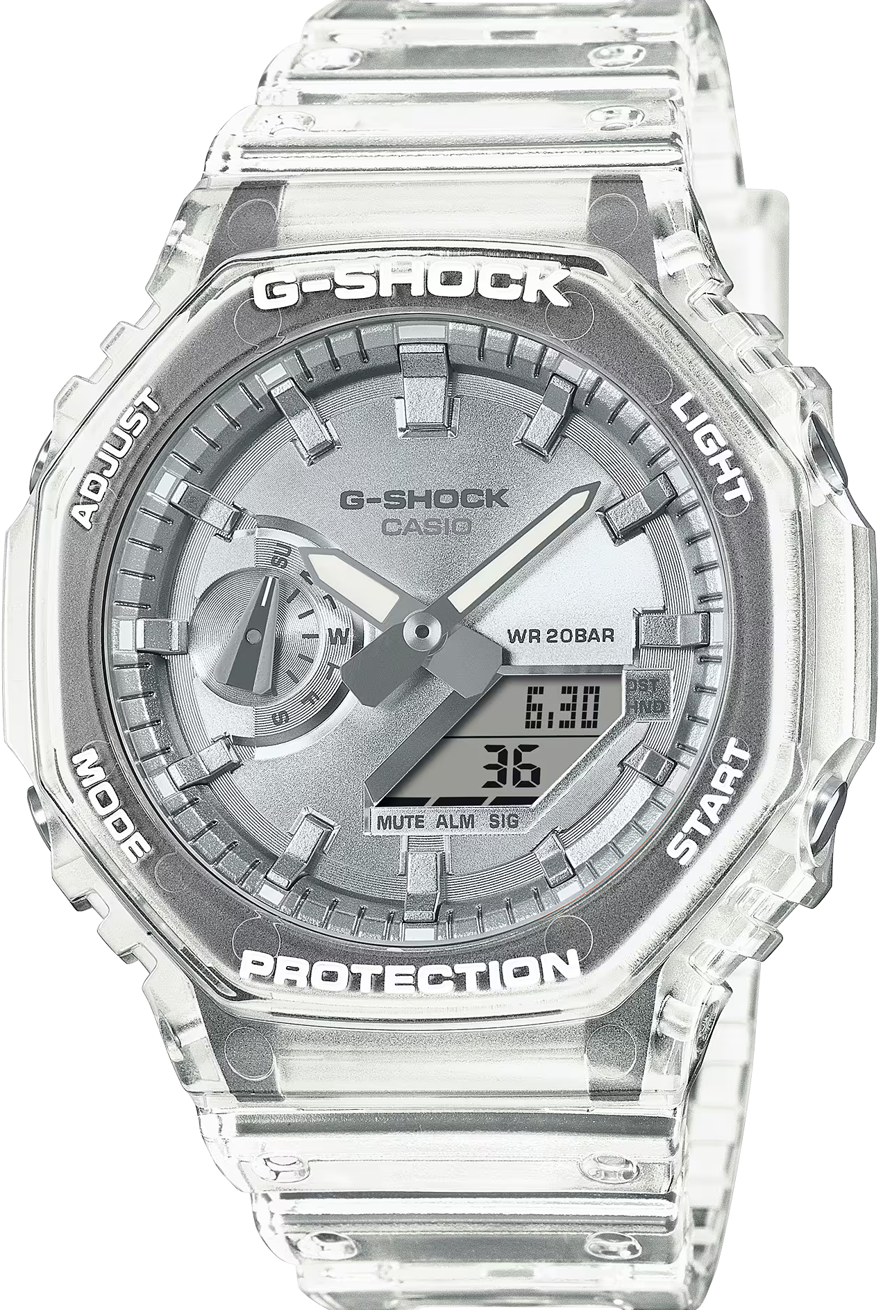 萬年鐘錶 - G-SHOCK  八角錶殼半透明銀色面盤運動電子錶 GA-2100BM-7A8 錶徑 : 45.4mm