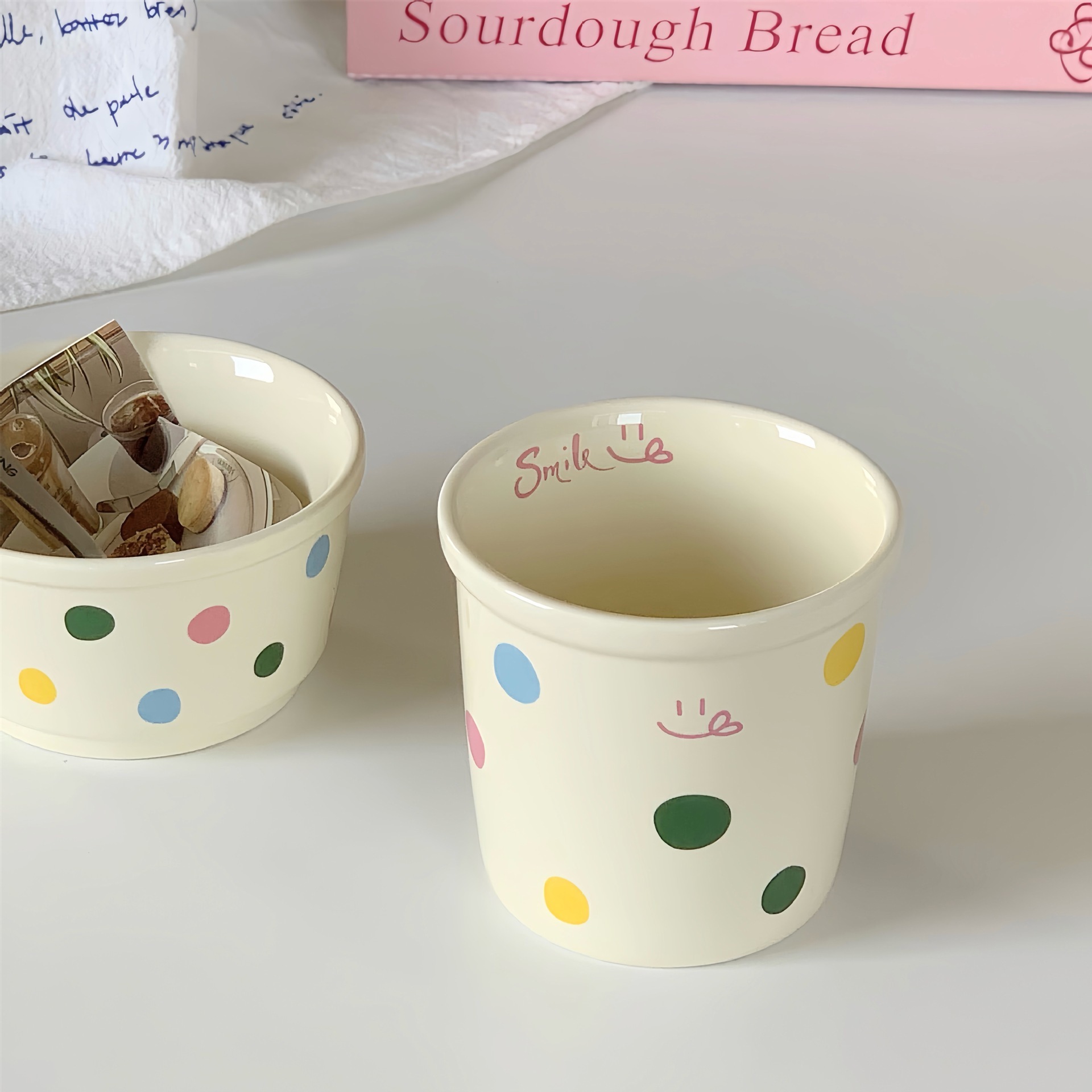 《5832》奶油彩色波點Smile碗杯組
