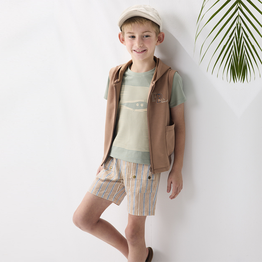 PIPPY 繽紛彩條腰圍可調節短褲 卡其