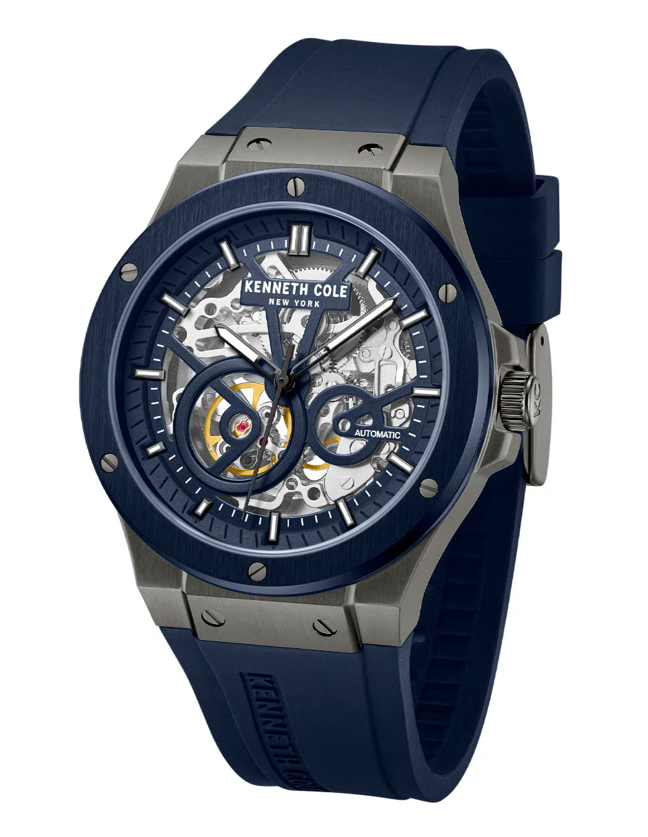 萬年鐘錶 - KENNETH COLE  美國紐約品牌  藍色透視機芯機械橡膠錶帶男錶 KCWGZ0063903 錶徑43MM