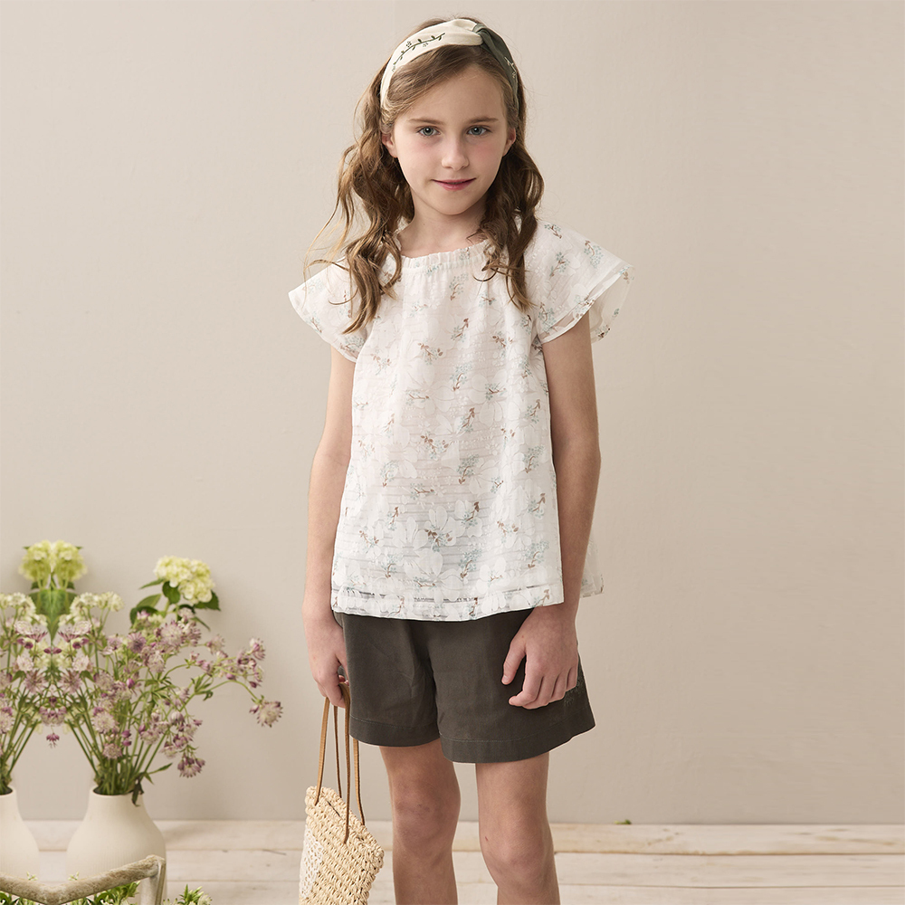 PIPPY氣質素面鬆緊帶小花刺繡褲裙 綠