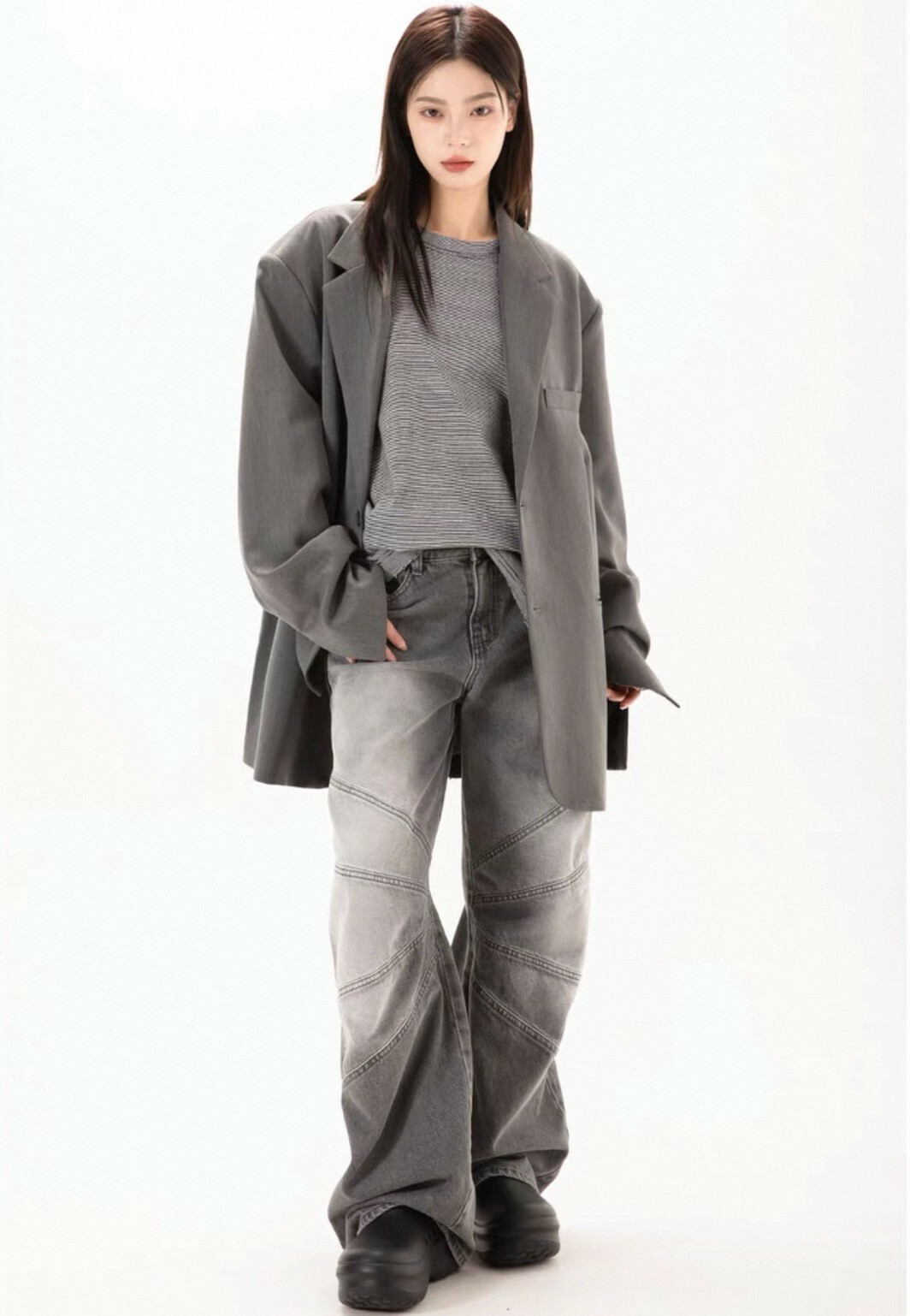 RHOM 撞色水洗 拼接做舊 闊腿 #牛仔褲