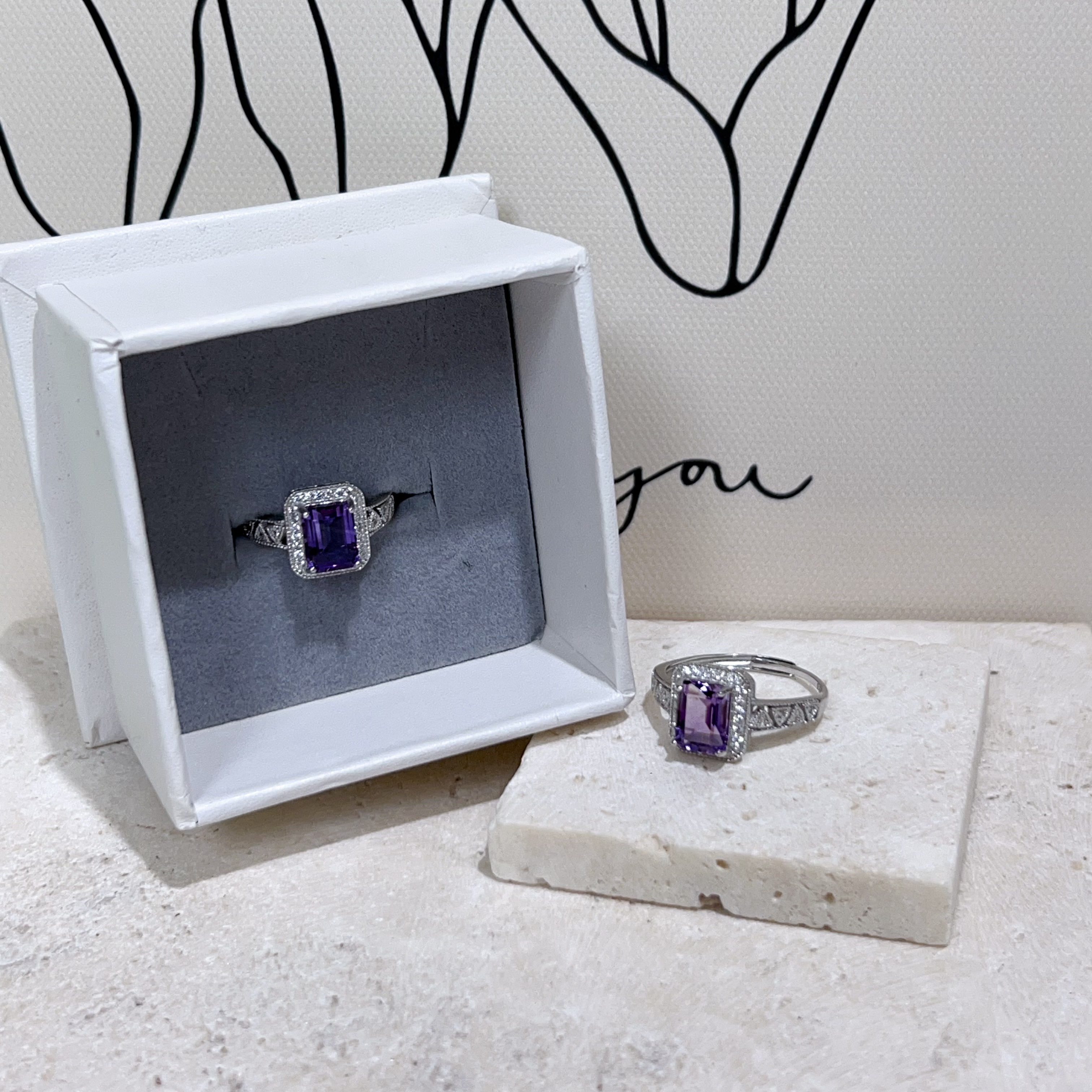 純銀方形鑲鑽紫水晶戒指