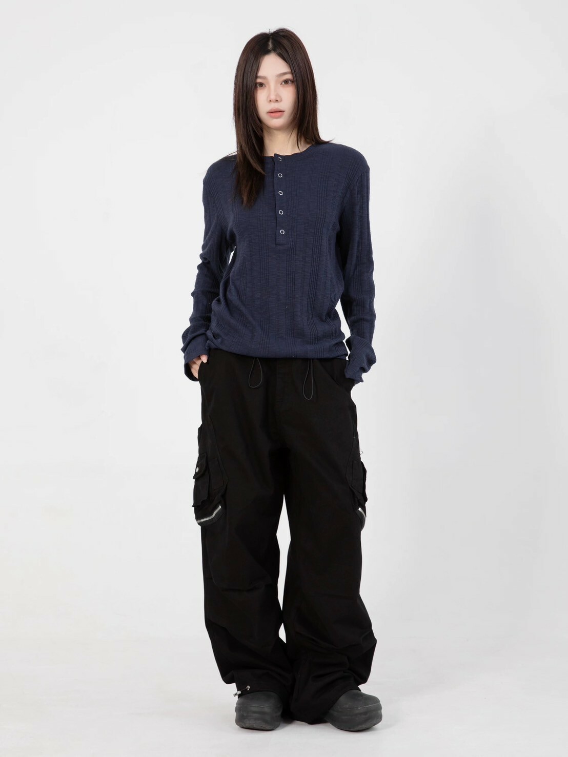 RHOM 簡約 彈力 條紋 廓形鈕扣 針織 打底衫 #薄長袖