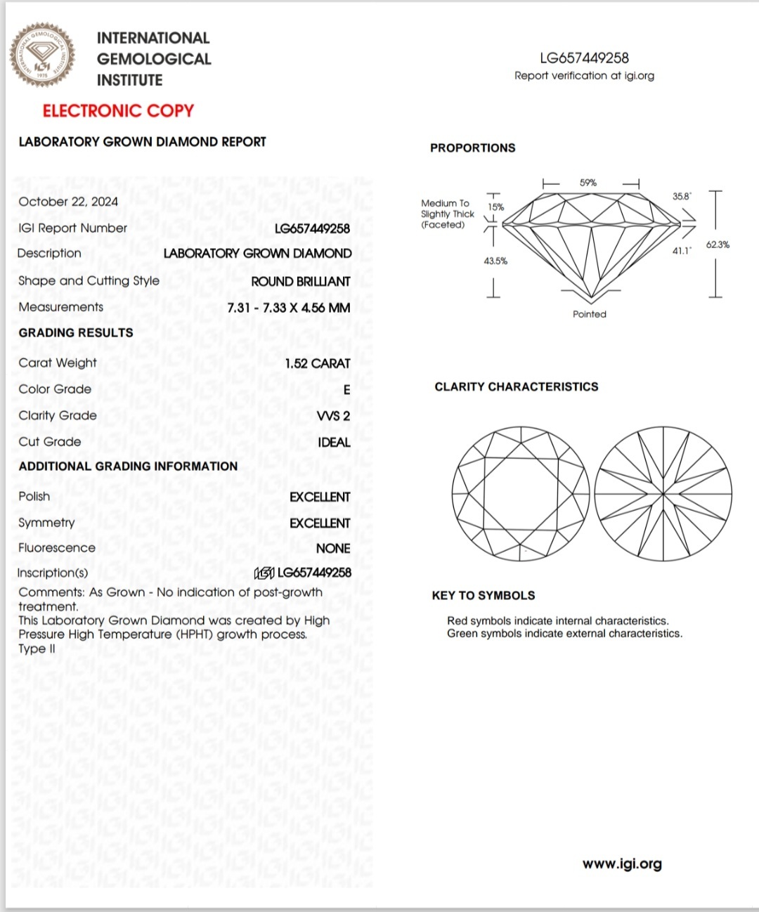 IGI LAB GROWN DIAMOND 1.52 E VVS2 IDEAL 2EX NON