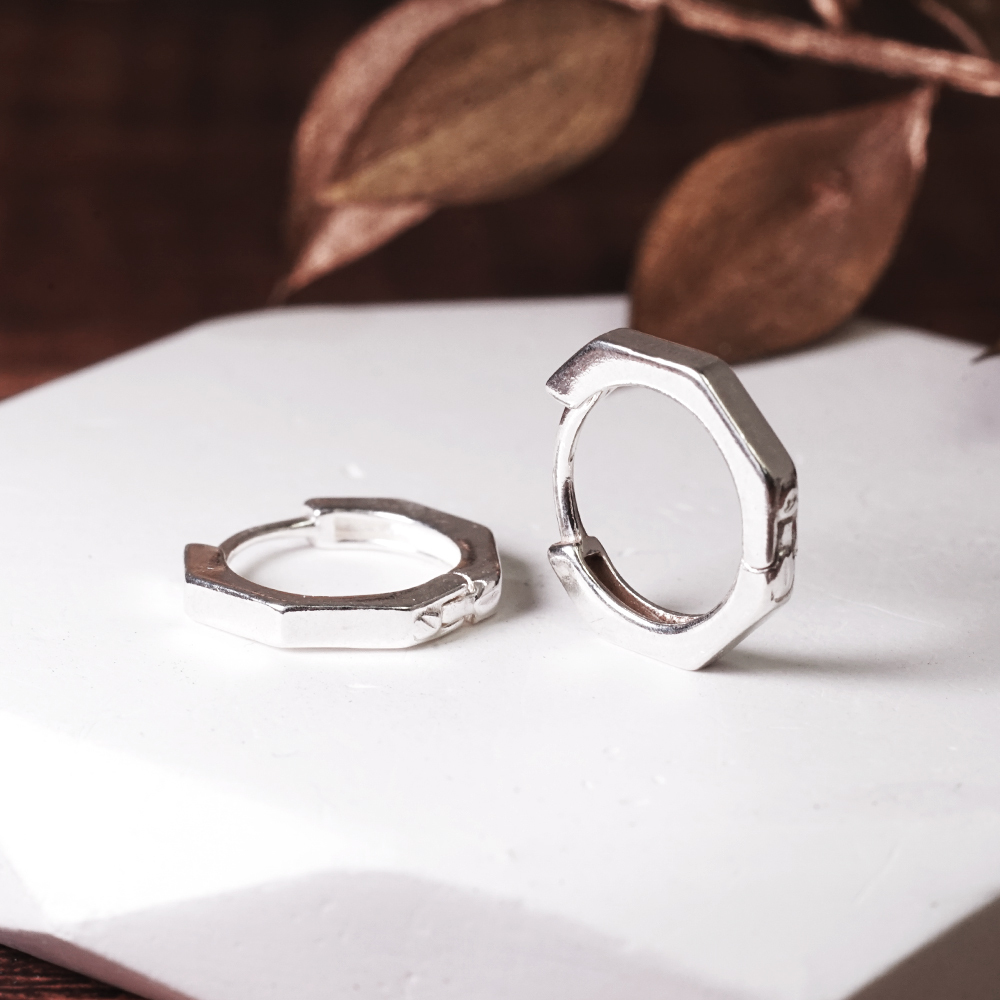 純銀 極簡八角形 易扣耳環 925純銀耳環 女生耳環 男生耳環